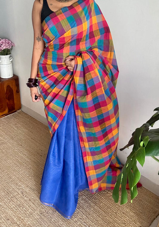 Blue with multicoloured madras checks, cotton half and half saree - YCCOTNIDOC160