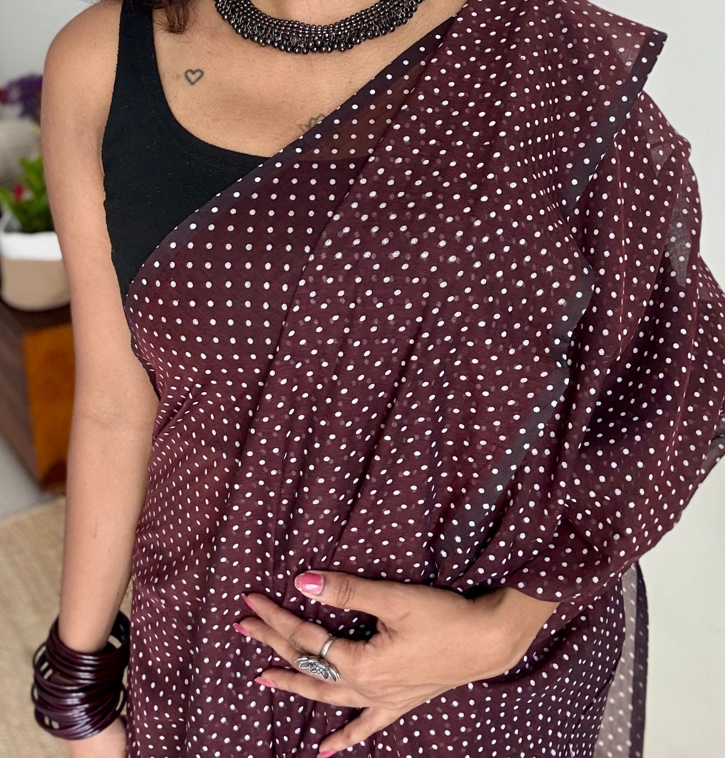 Brown with white polka dots mul cotton saree  - YCBCMCAP54