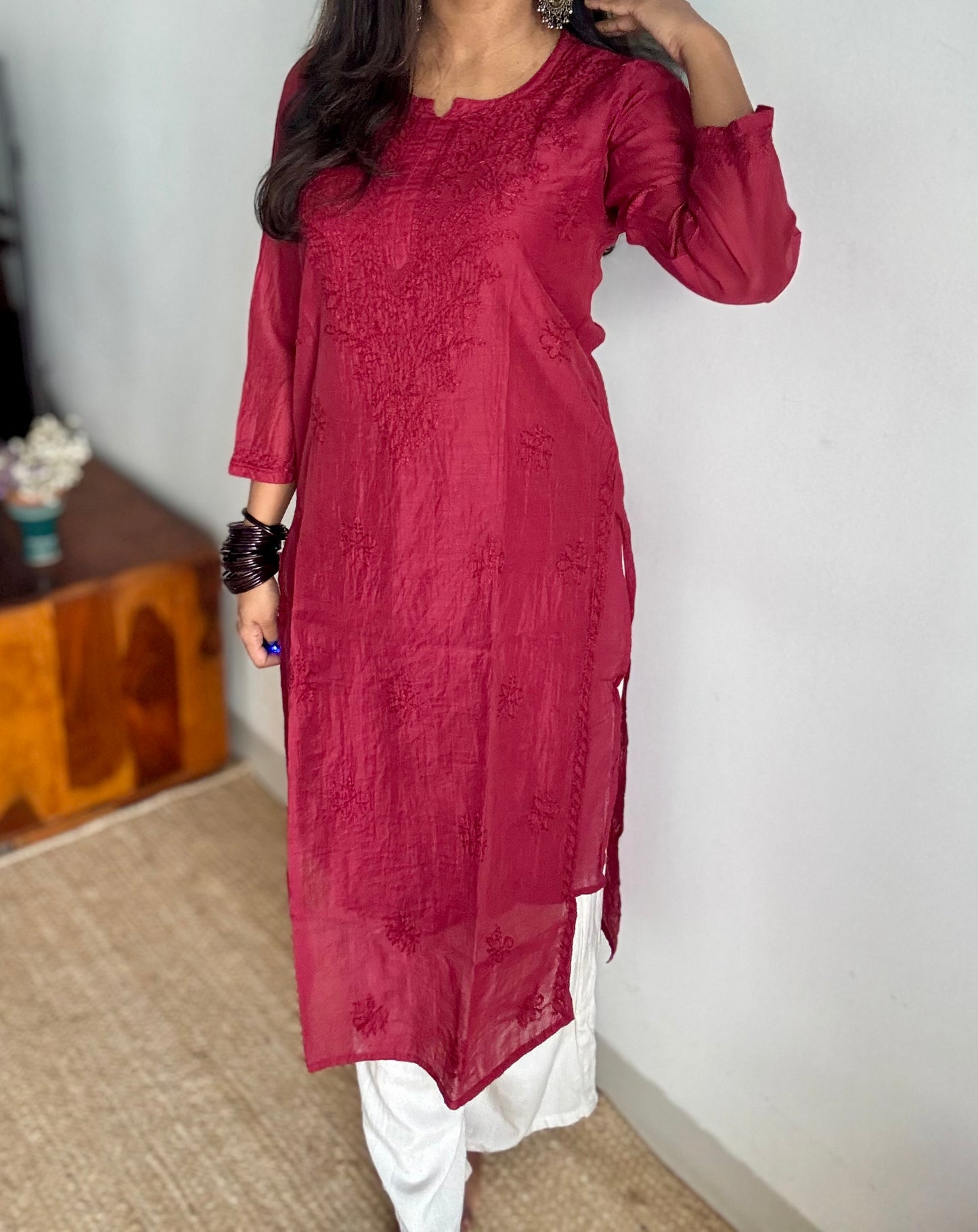 Deep carmine muslin chanderi chikankari with bakhiya work, stitched kurta, round neck, three fourth sleeves - YCSECK21