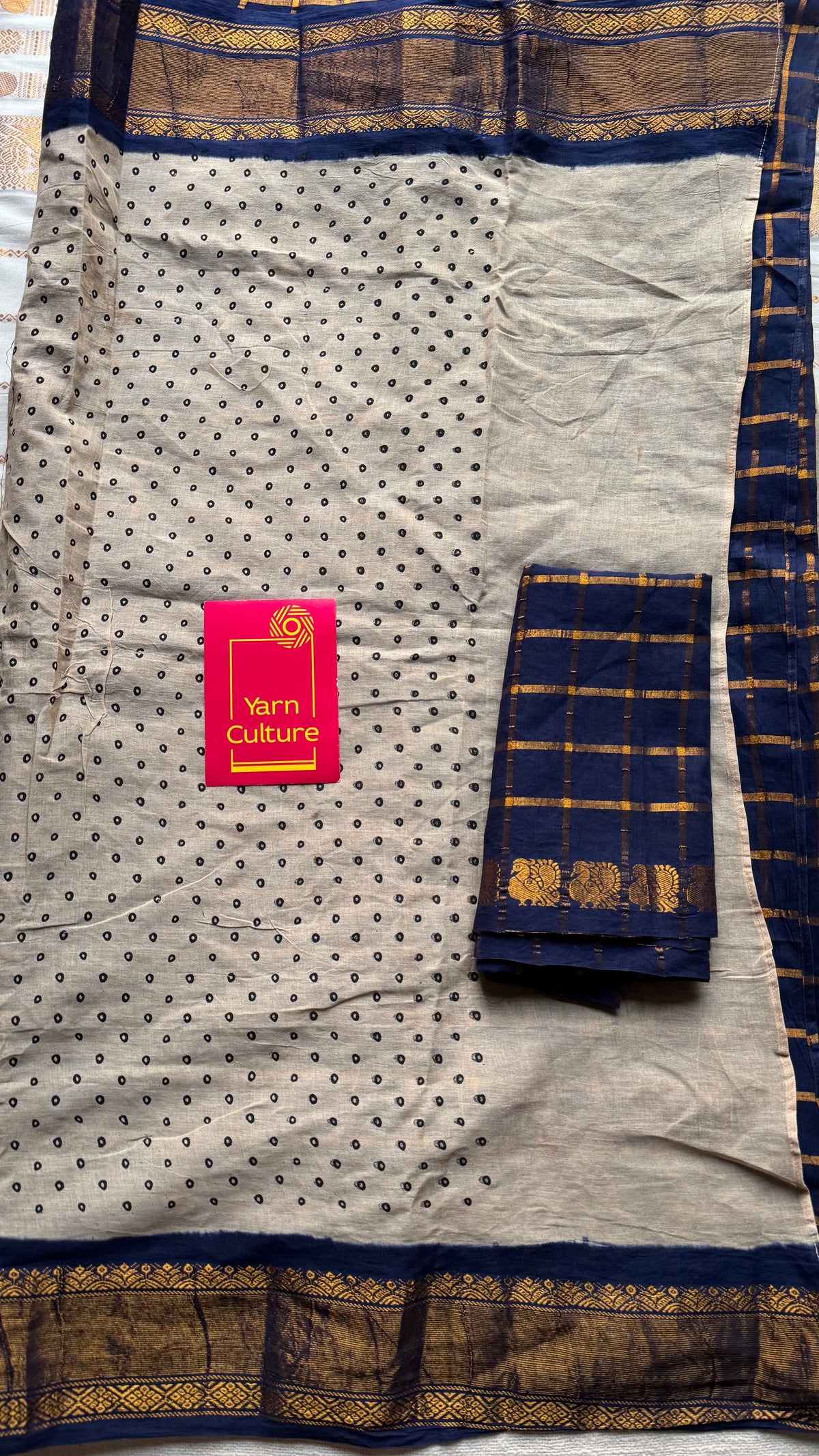Cream with dark blue, sungudi cotton half-half saree - YCCOTNIDOC17