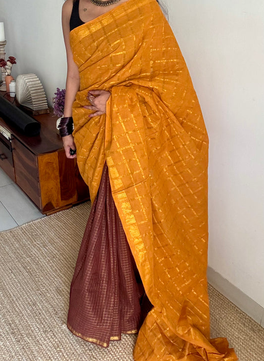 Turmeric yellow with brown, sungudi cotton half-half saree - YCCOTNIDMA314