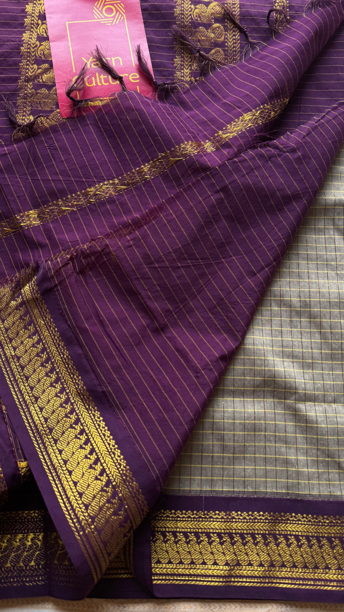 Warm grey with purple, zari checkered saree, cotton silk - YCCOTNKCOC110