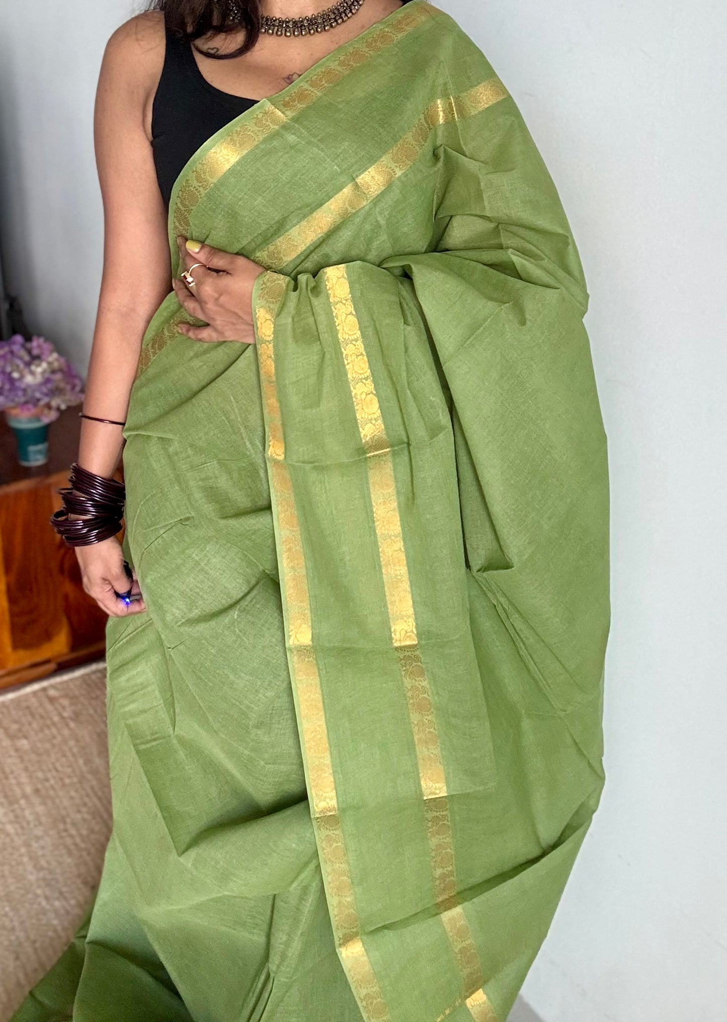 Sage green rettaipettu peacock double bordered, kattuchayam dyed madurai cotton saree - YCCOTNMSFE272
