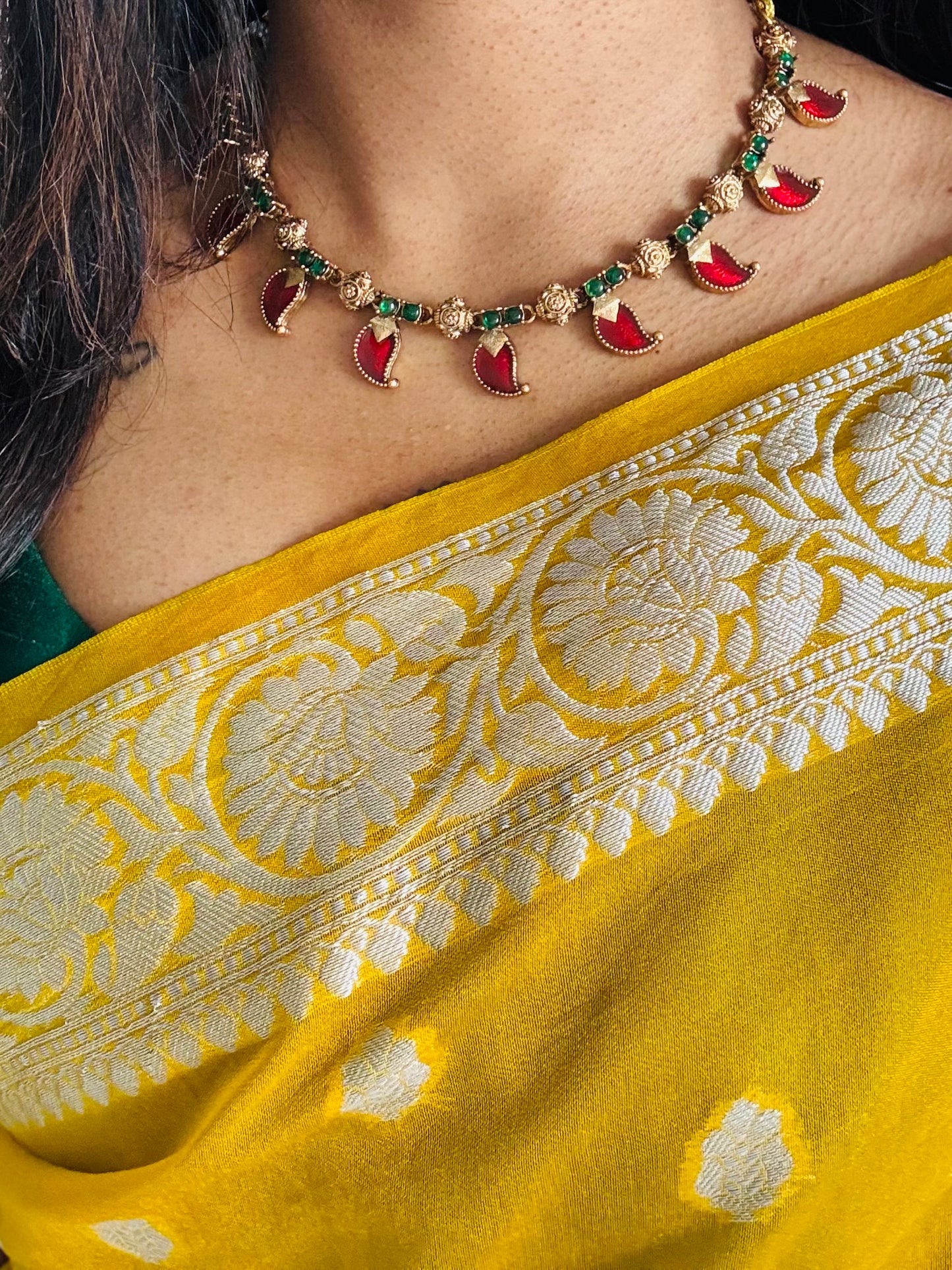 Red mango palakka neckpiece, with earrings - YCGPNP620