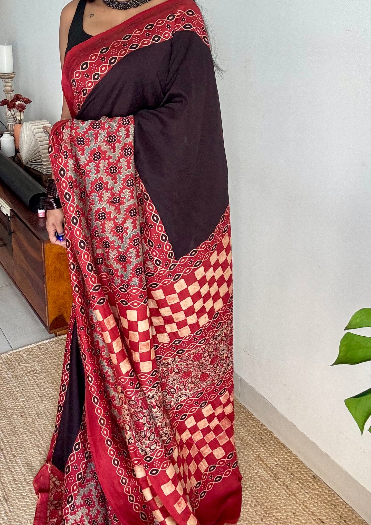 Black and red chanderi saree with ajrakh handblock print - YCTOKAJC343