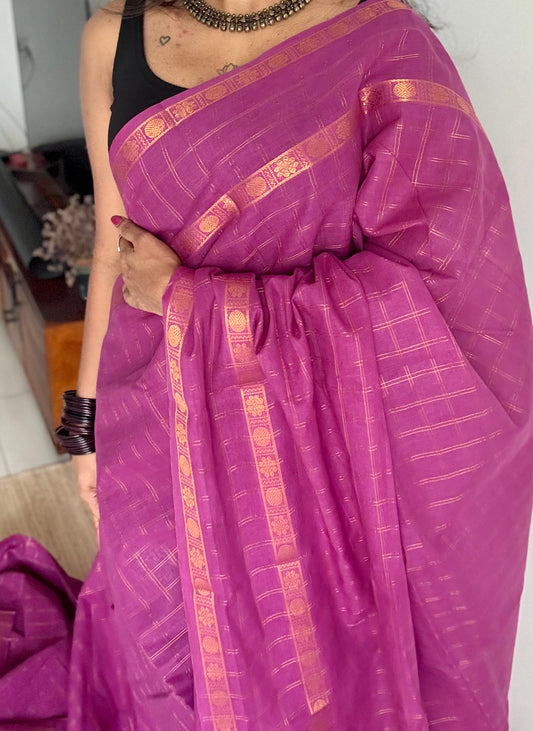 Purple pink adayar gold zari kattam, sungudi cotton - YCCOTNOCSC51