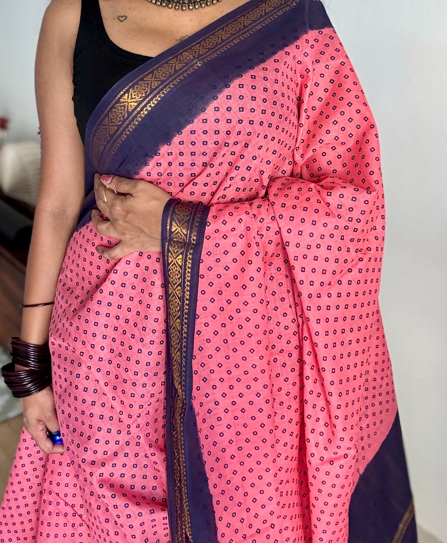Peach pink with navy blue contrast, kattuchayam dyed madurai cotton saree - YCCOTNMA250