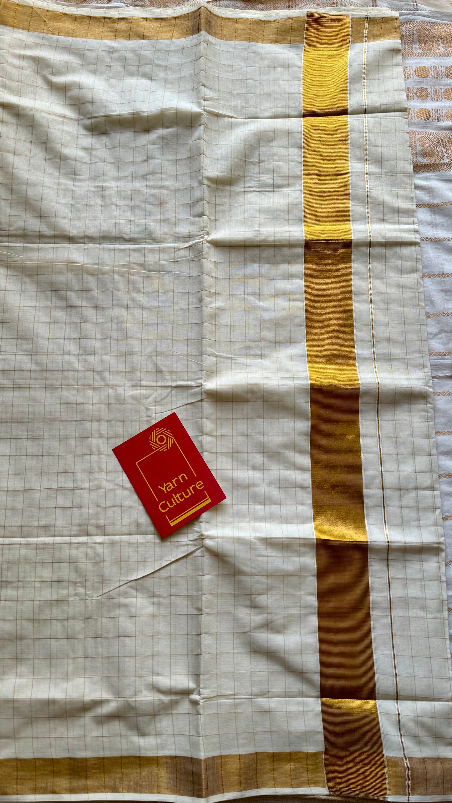 Ivory and gold soft cotton kasavu saree, checks - YCIEON79