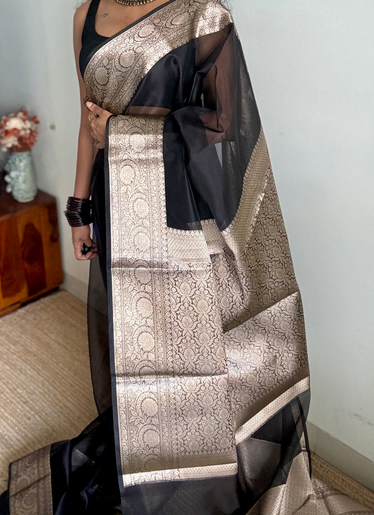 Black tissue Banarasi saree with zari border - YCBLTOC88