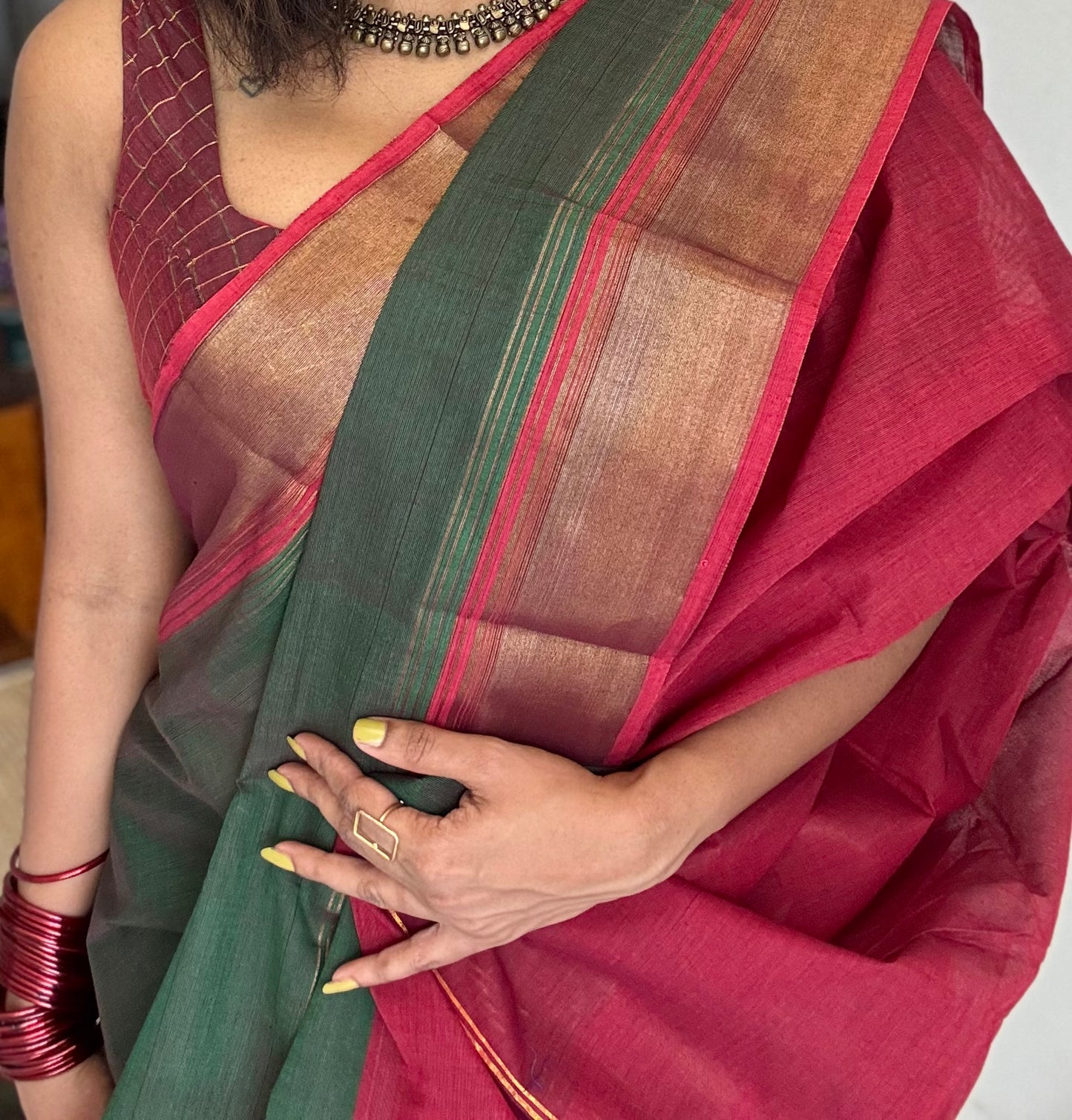 Maroon and green Chettinad cotton saree with antique gold zari border - YCCOTNCCFE152