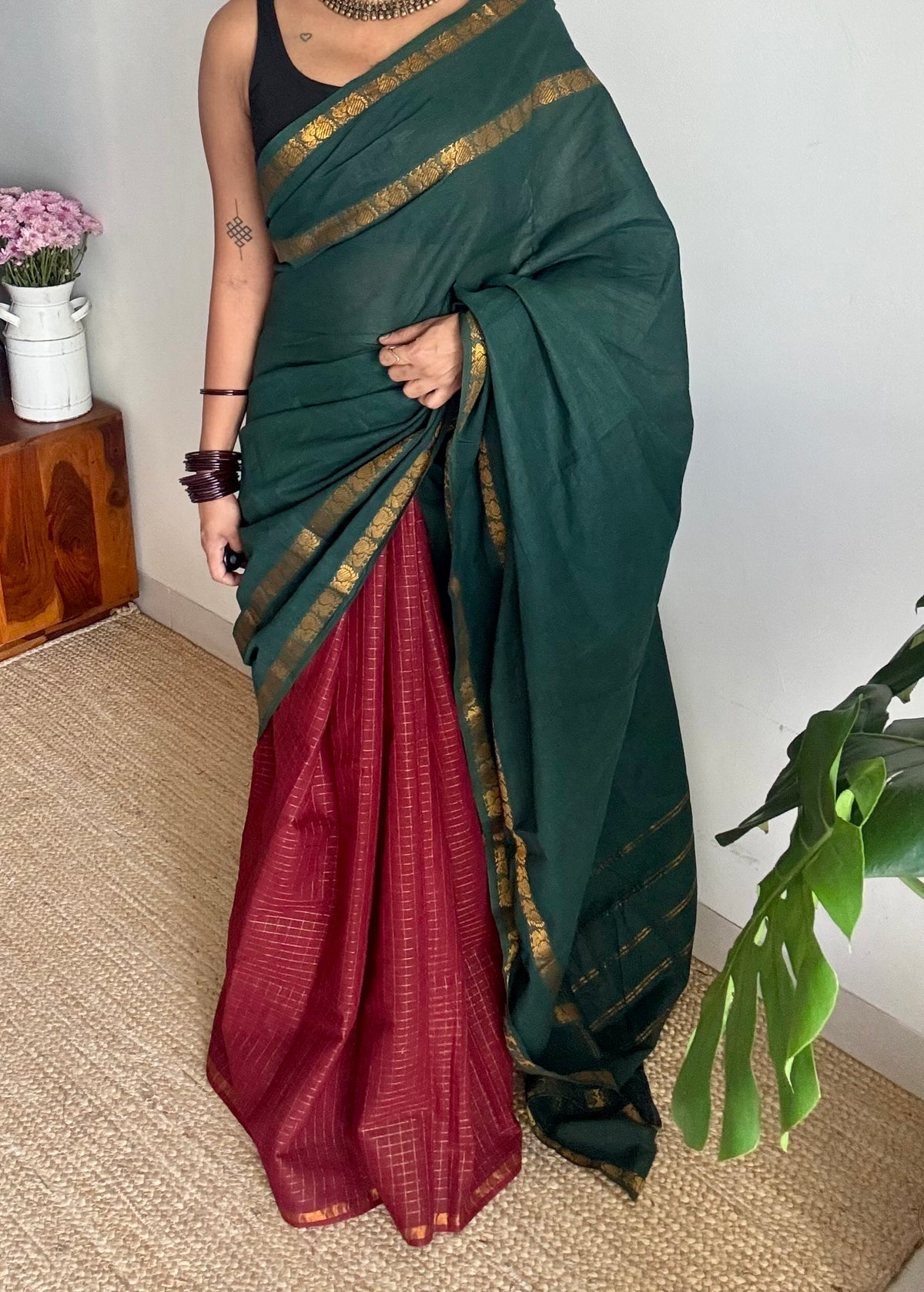 Dark green with maroon, sungudi cotton half and half saree - YCCOTNIDOC157