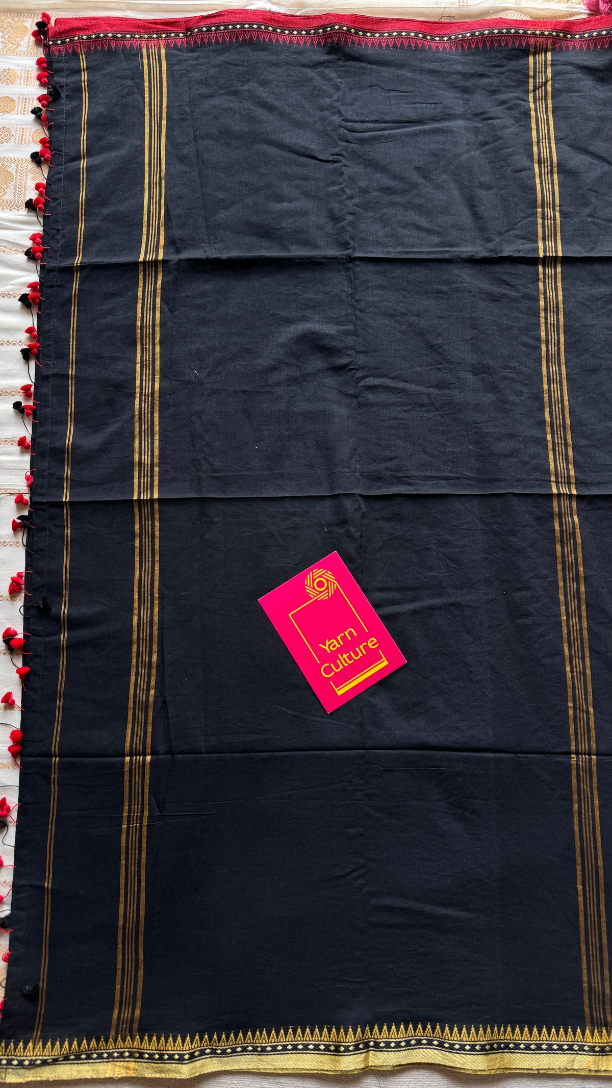 Handloom Bengal soft cotton saree, black with cream and red woven dual tone borders - YCBCMCSE42