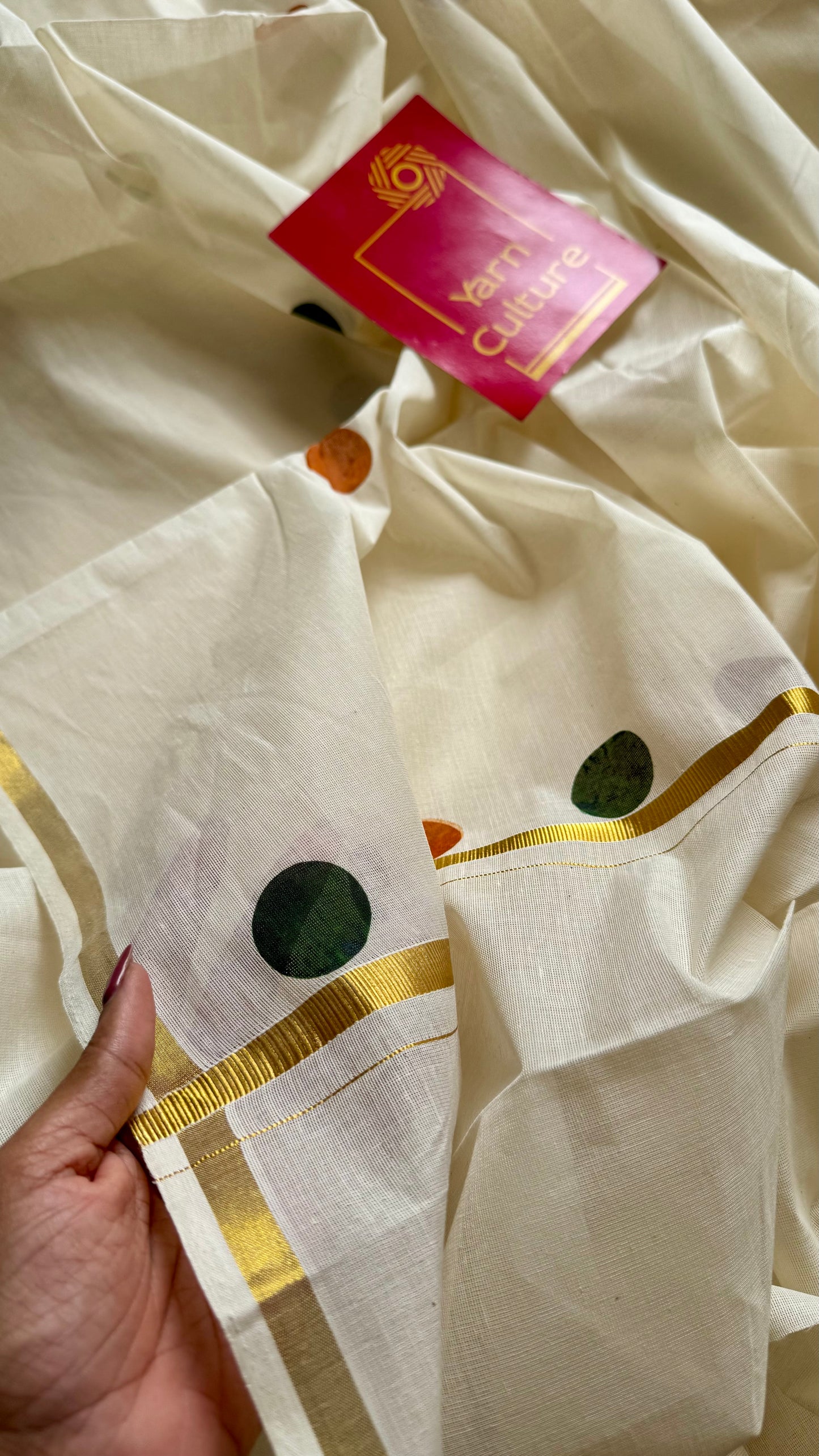 Ivory and gold soft cotton thin border kasavu saree, maroon, green and mustard polka - YCIEON74