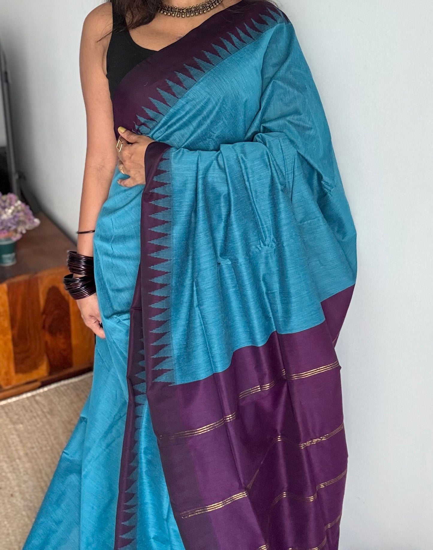 Blue with wine contrast, temple border saree, cotton silk - YCCOTNTBFE58