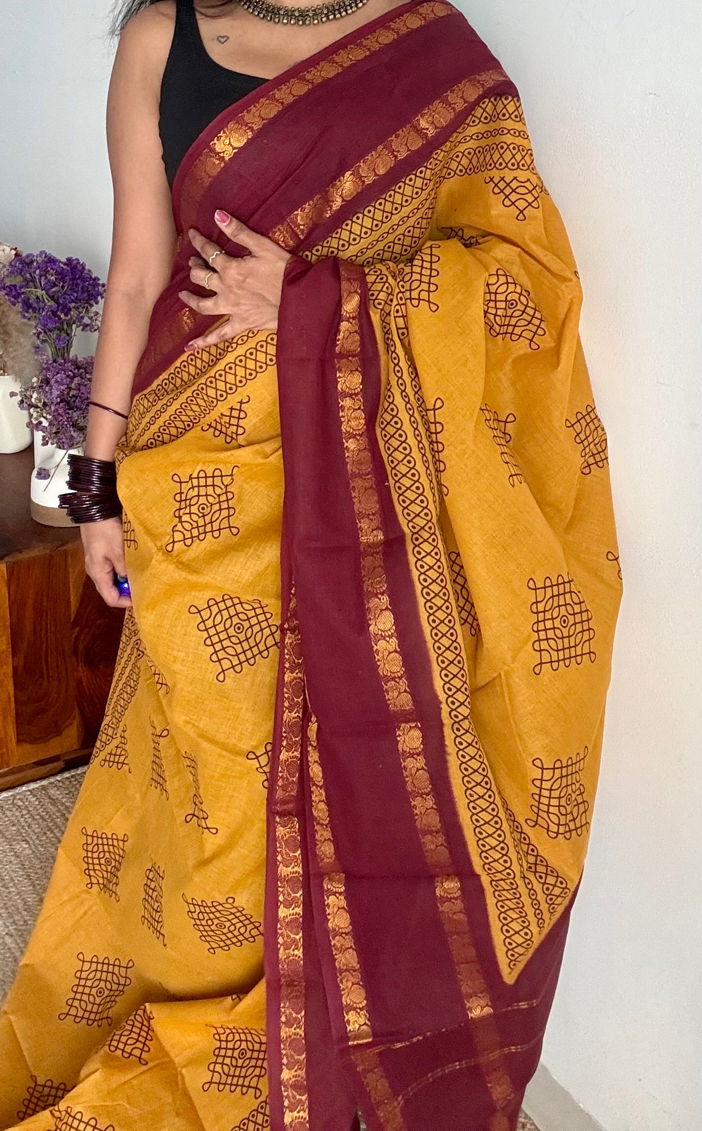 Turmeric yellow with maroon, kolam print, rettaipettu peacock double border, madurai soft cotton - YCCOTNMSAP202