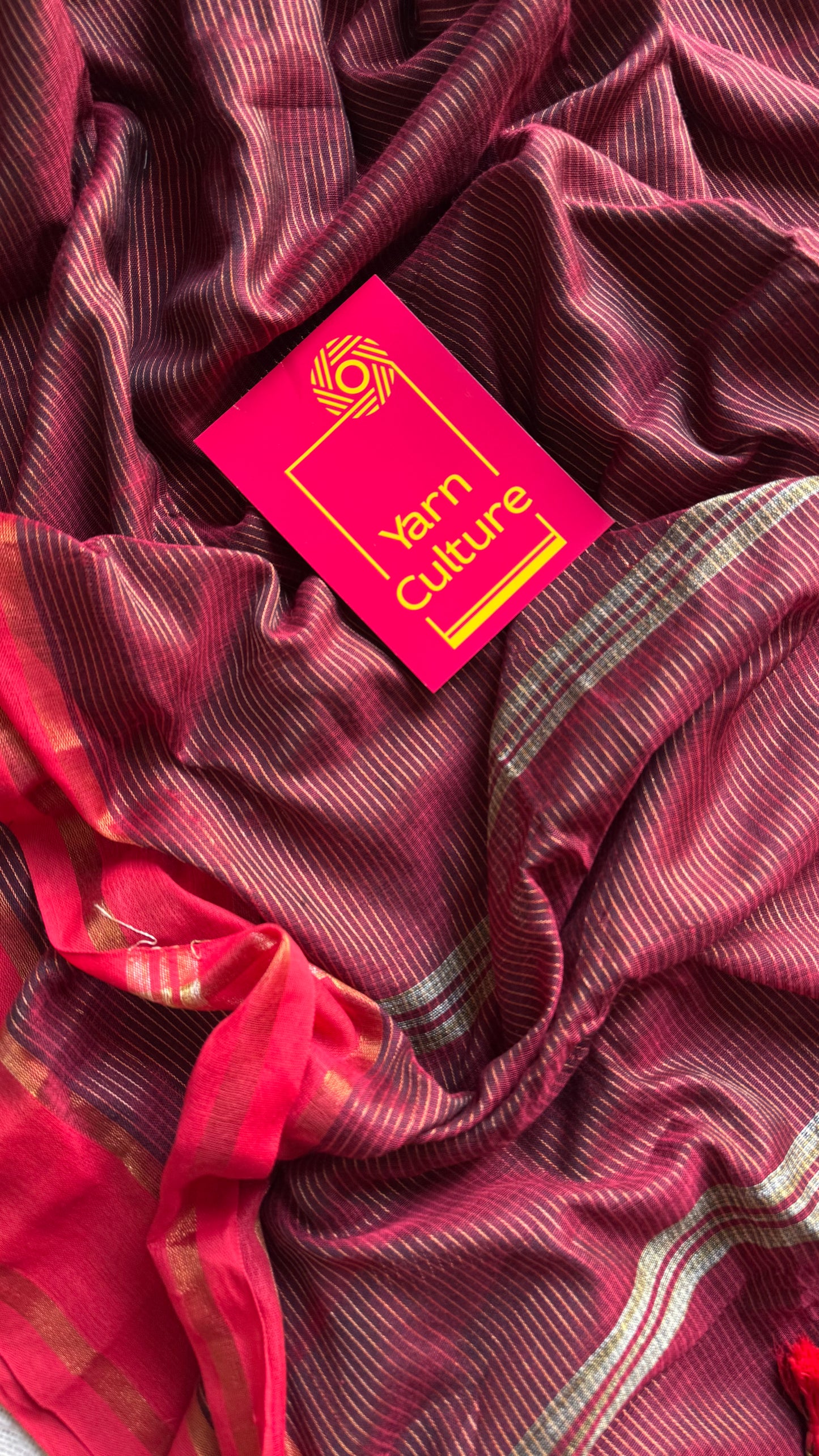 Maroon with red gap border, gold zari stripes, soft cotton - YCBCKCZDE131