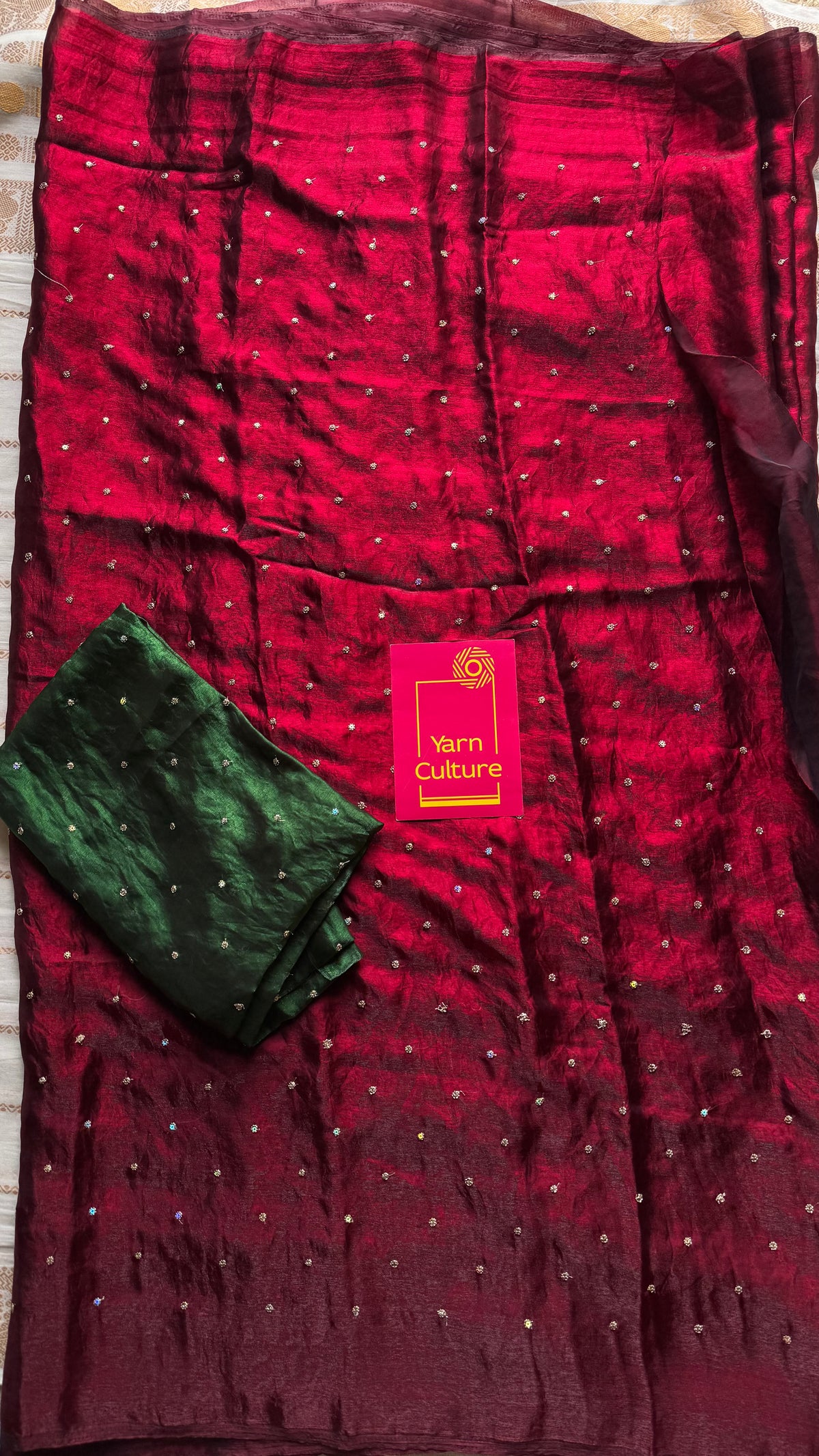 Metallic dual tone space silk saree, dark red with sequins - YCDOSOC48