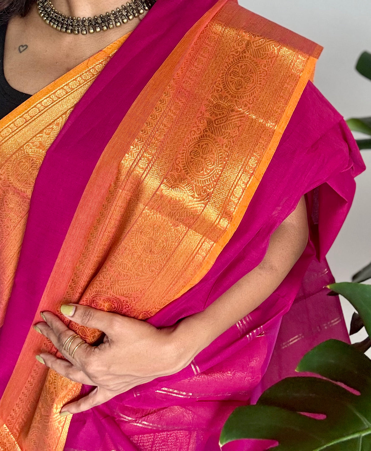 Magenta with turmeric yellow zari border chettinad cotton saree - YCCOTNCKSE17
