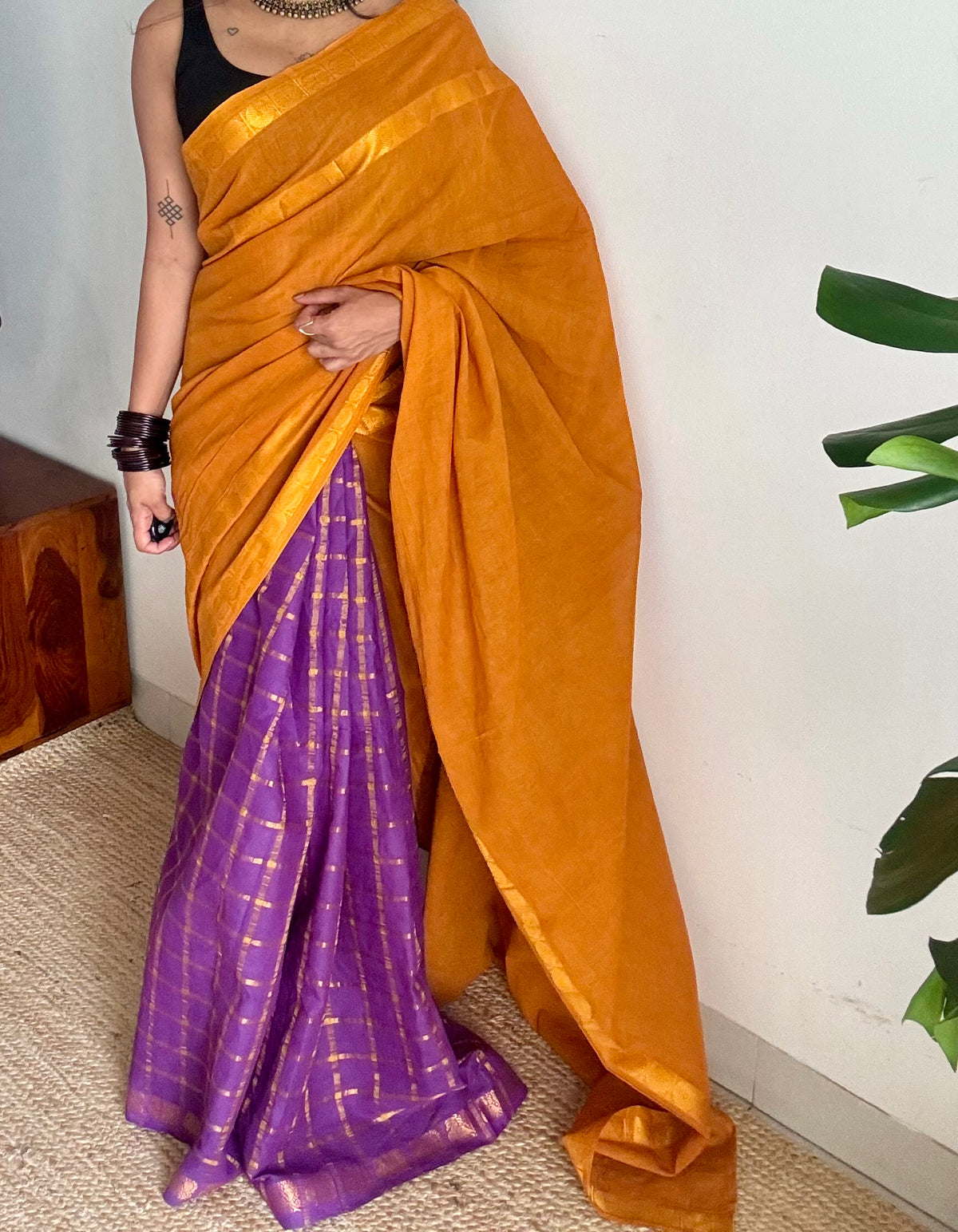 Turmeric yellow with purple, sungudi cotton half-half saree - YCCOTNIDOC13