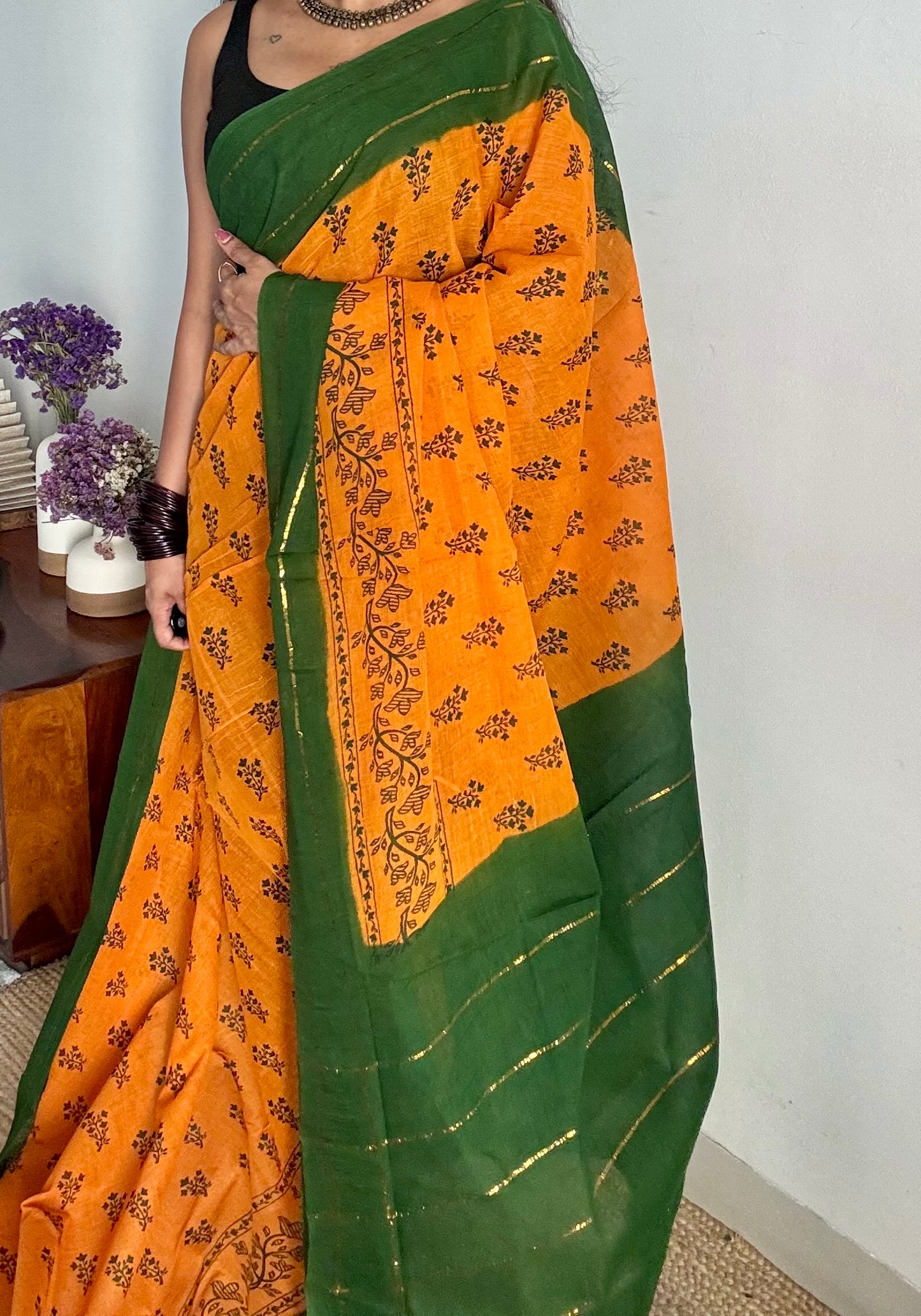 Mango yellow with green contrast, kattuchayam dyed madurai cotton saree - YCCOTNMA245