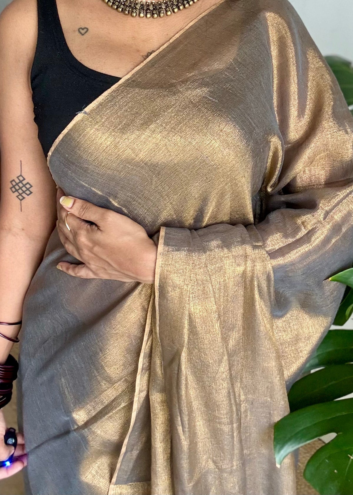 Bronze with gold, dual tone metallic tissue linen saree - YCBCLTOC61