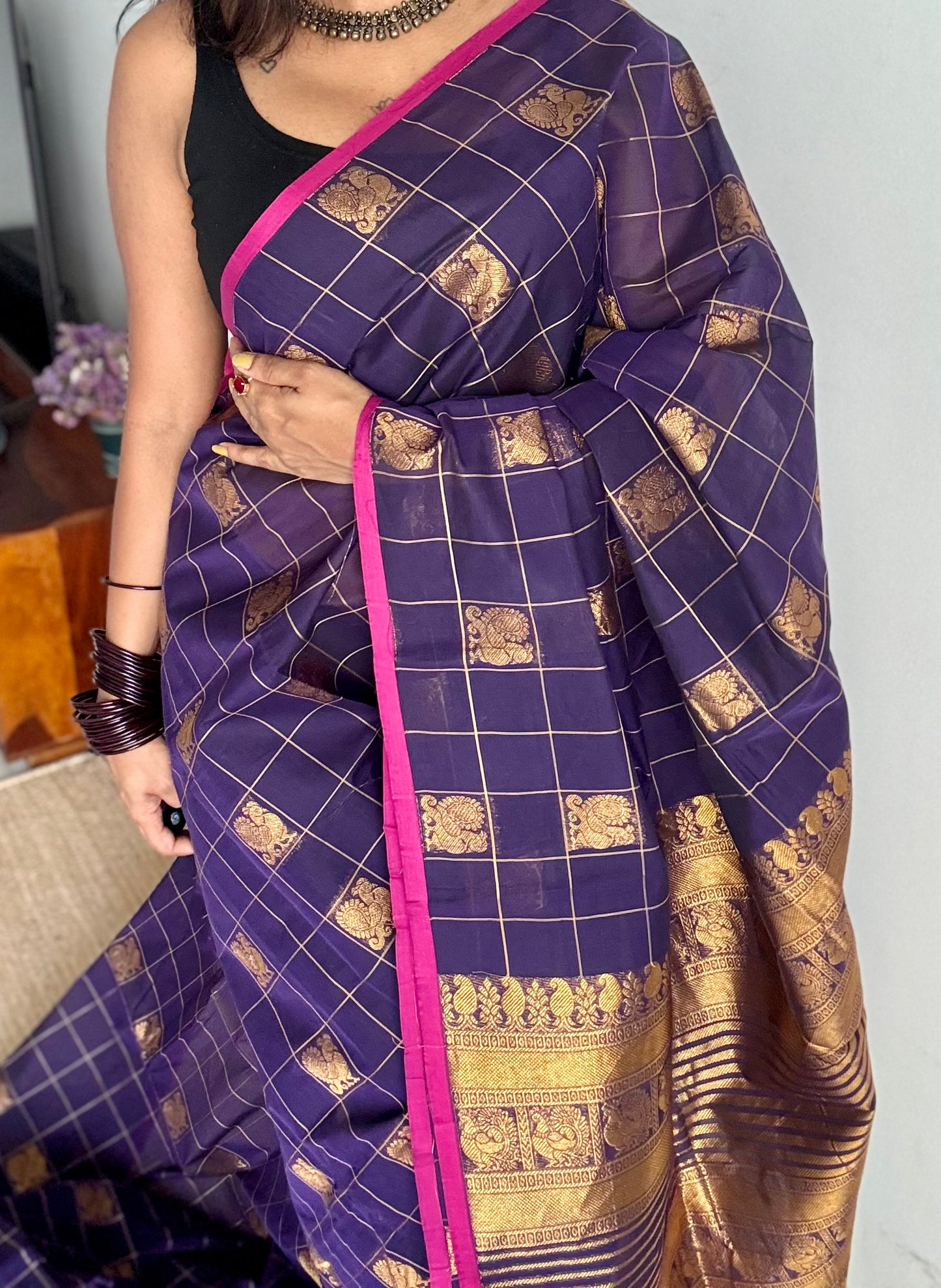 Dark navy blue dual tone checks with peacock motifs, kanchi cotton saree - YCCOTNKCFE338