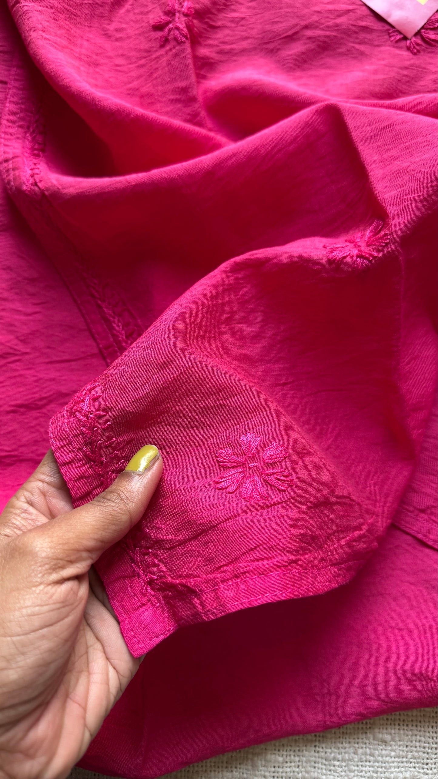 Hot pink chanderi chikankari with ghas patti work, stitched kurta, round neck, three fourth sleeves - YCSECK09