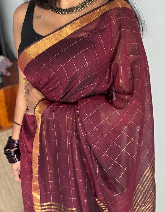 Dark maroon mul with gold checks and zari border - YCBCMCJA06