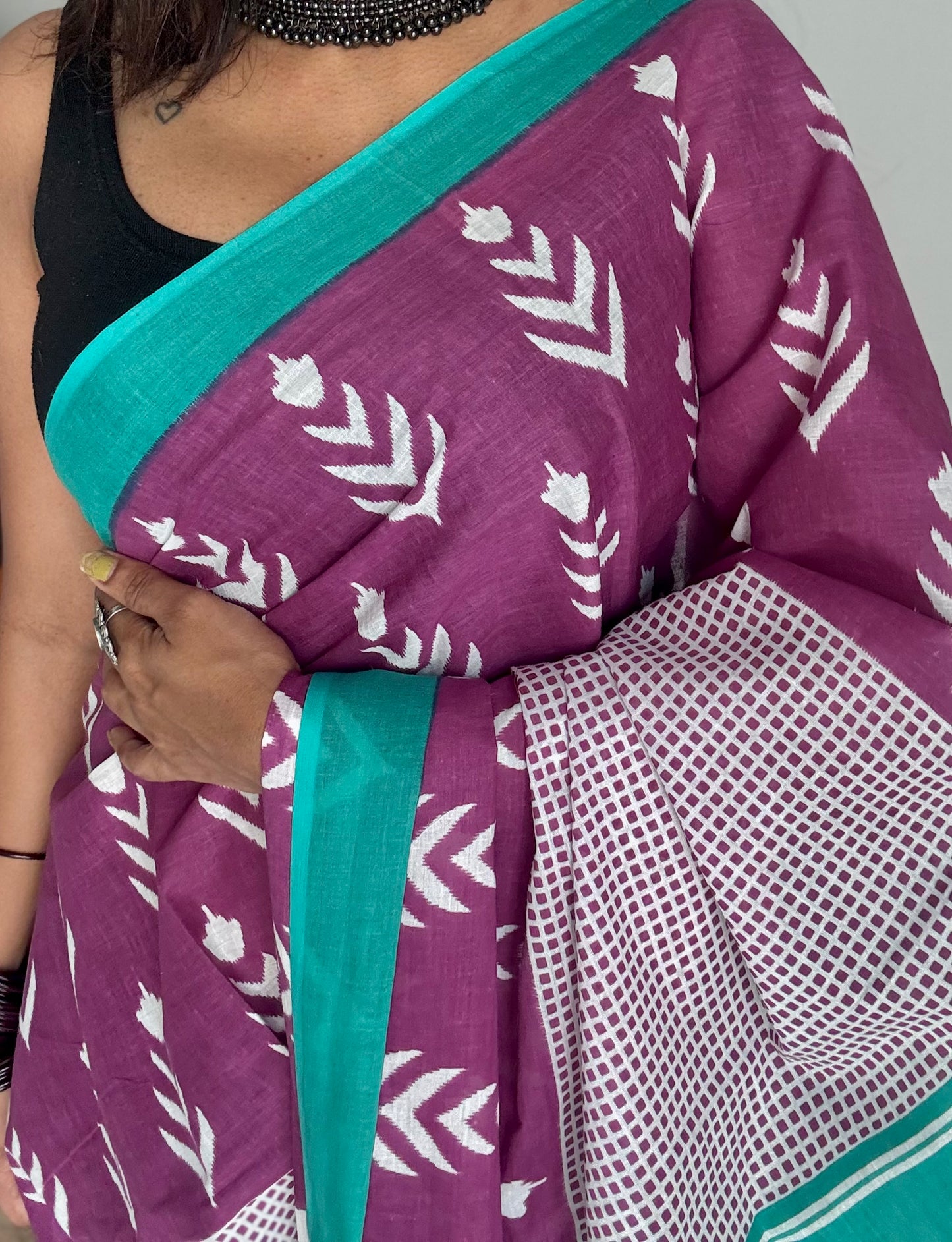 Magenta with turquoise green and white motifs, soft cotton saree - YCTORCMA06