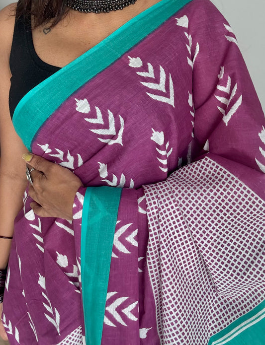 Magenta with turquoise green and white motifs, soft cotton saree - YCTORCMA06