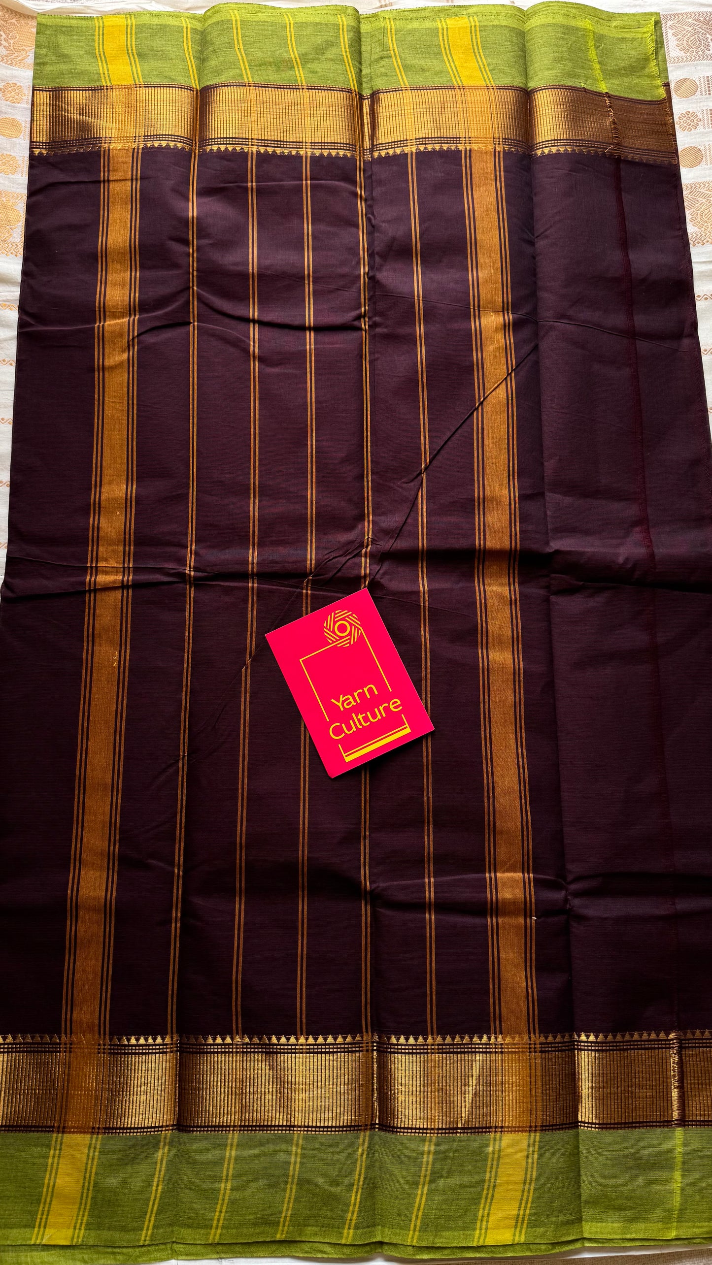 Chettinad cotton saree in brown with green and gold border - YCCOTNJUCC09
