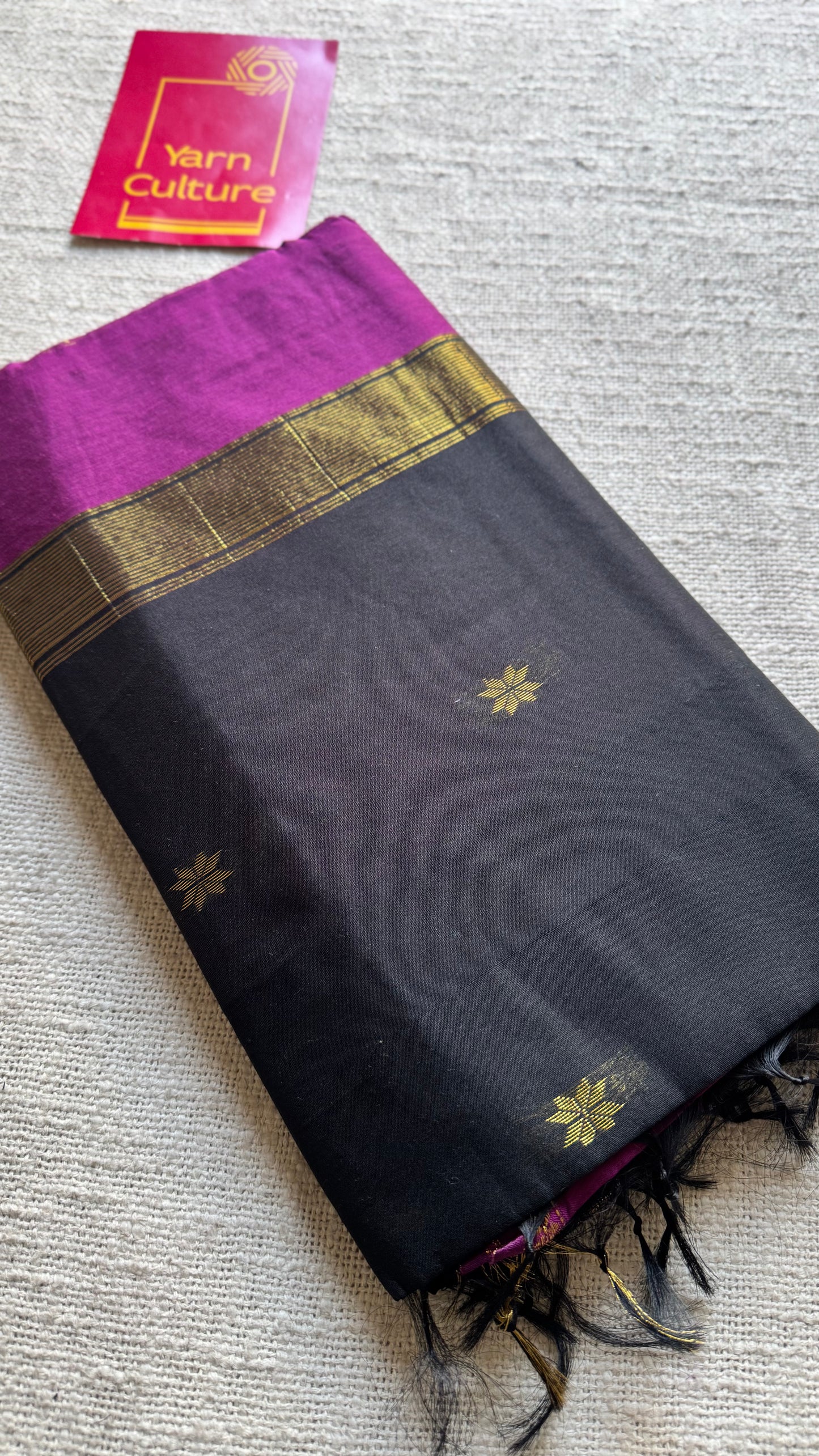 Grape wine with black, gold buttas, semi maheshwari cotton silk - YCCOTNCSDE86