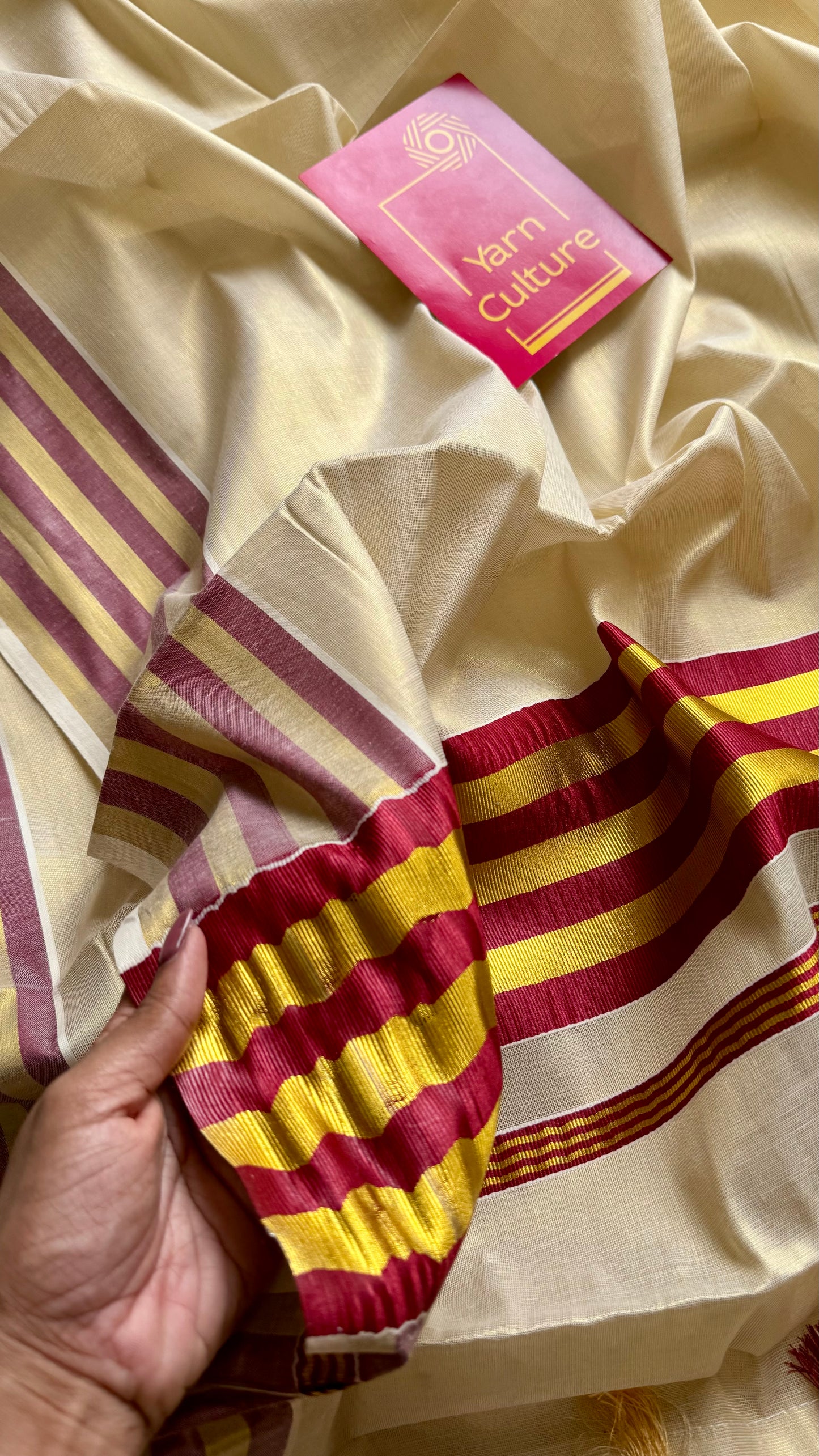 Ivory and gold soft tissue cotton saree, maroon border - YCIEON67