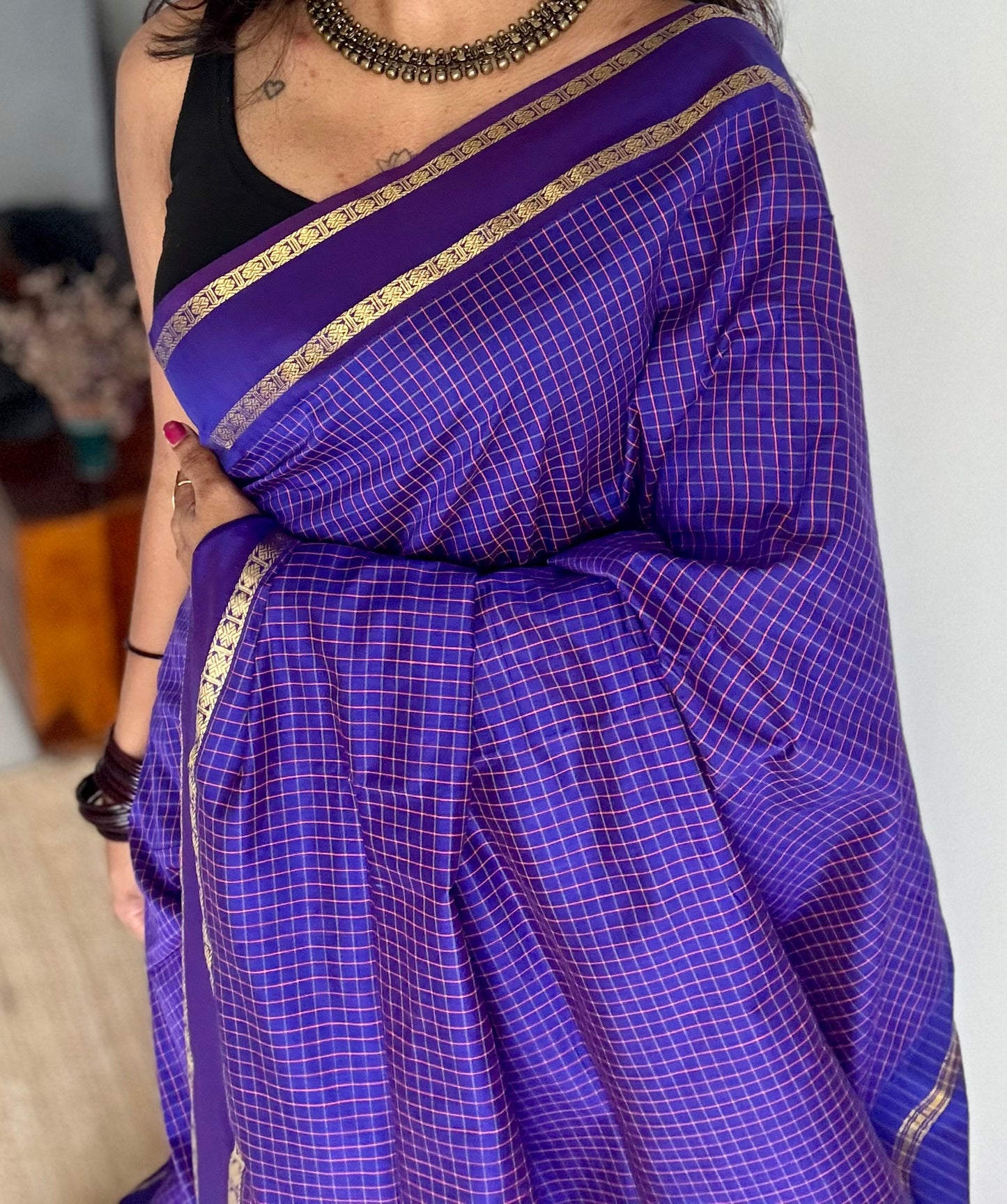 Double tone blue, arani checks, cotton silk - YCCOTNOCAR11