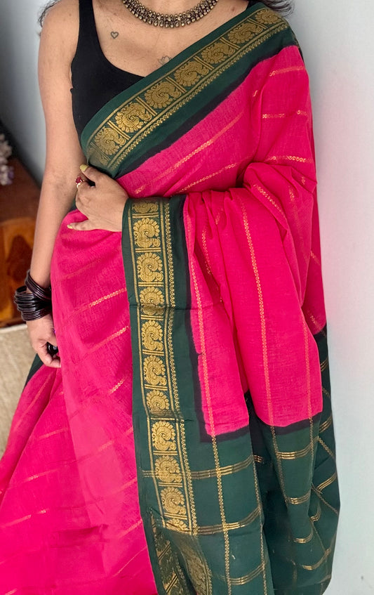 Hot pink with dark green veldhaari, kattuchayam dyed, madurai cotton - YCCOTNSEMS94