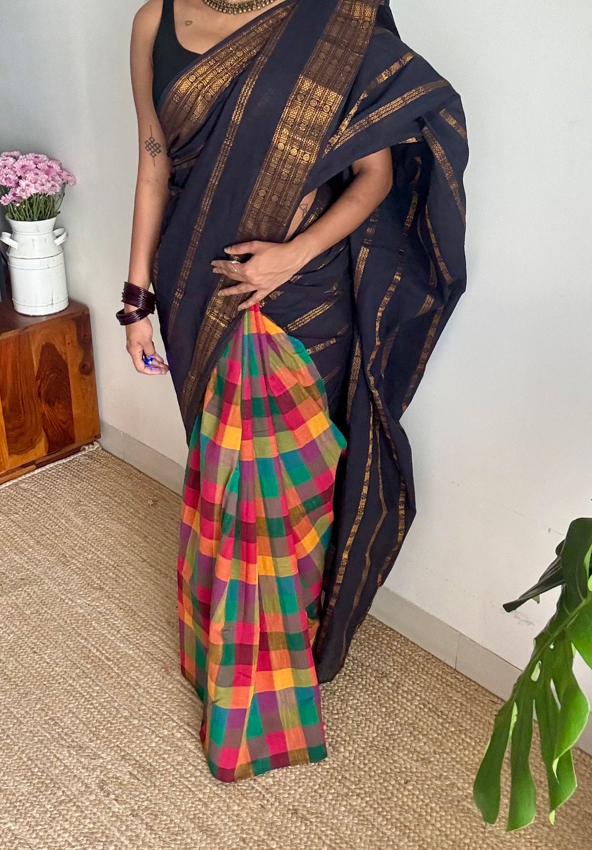Black velthaari stripes with multicoloured madras checks, cotton half and half saree - YCCOTNIDOC167