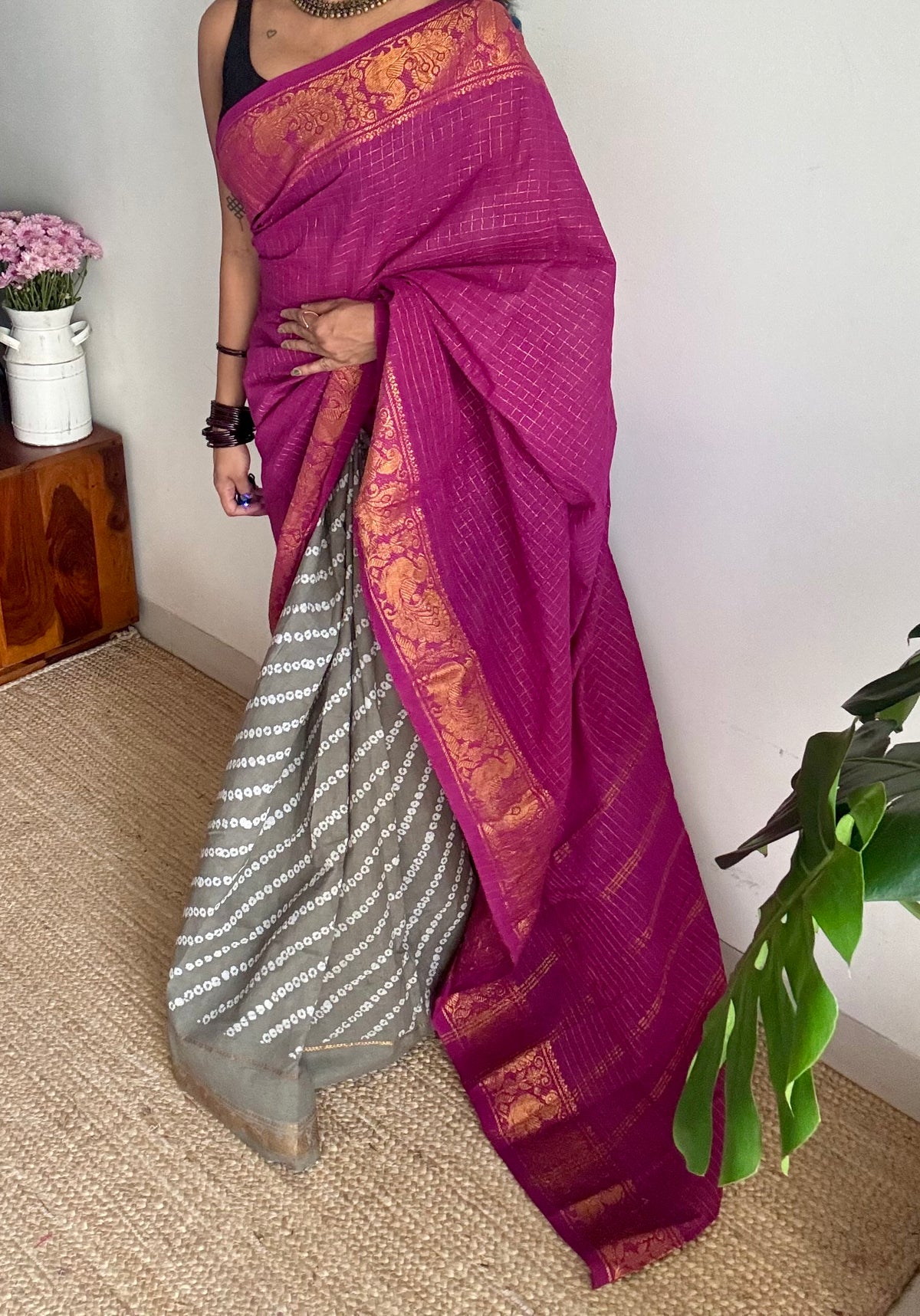 Purple pink (vadamalli) with grey, cotton half and half saree - YCCOTNIDOC145