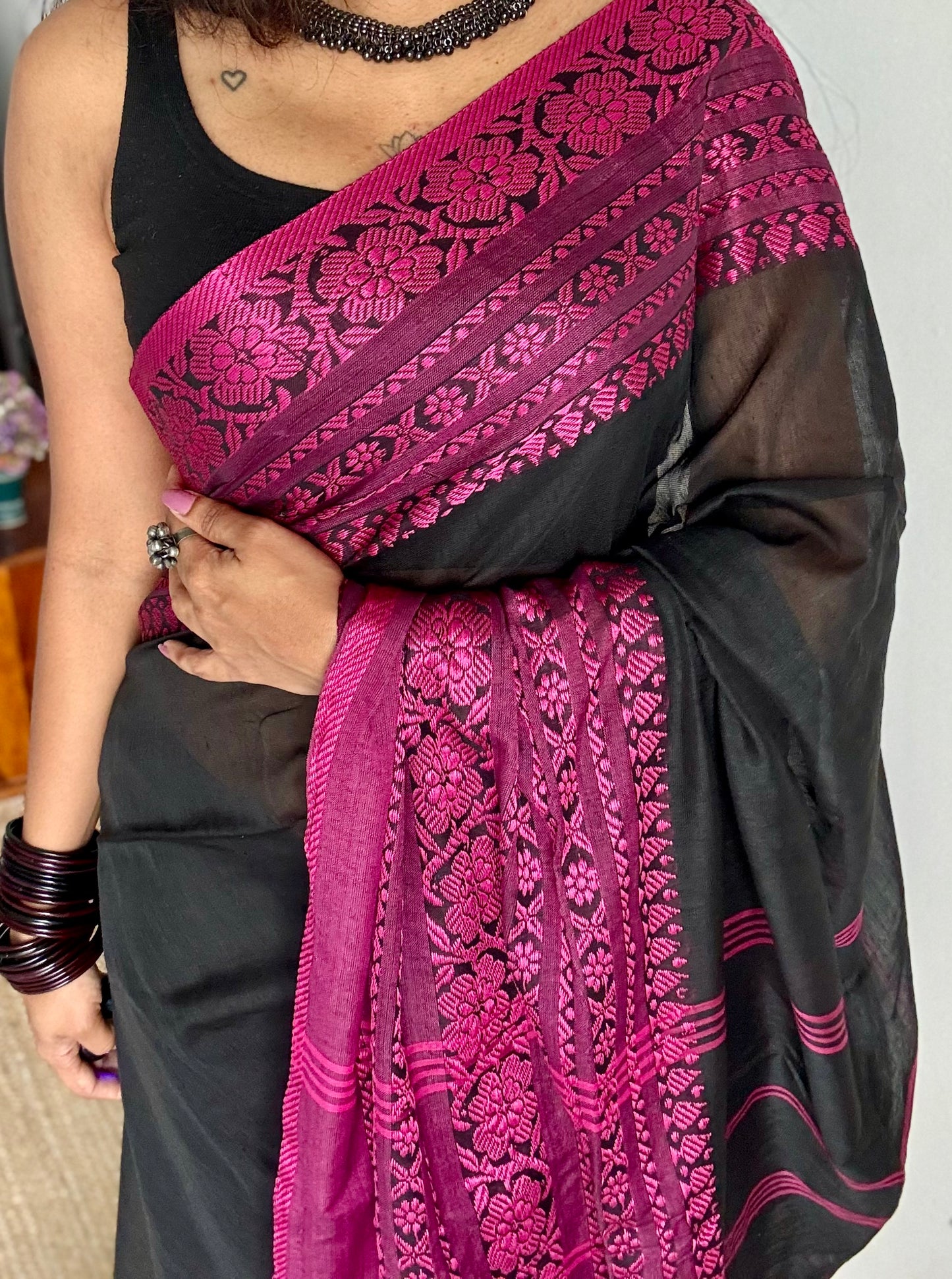 Black with magenta threadwork, begampuri soft cotton - YCBCBPJA197