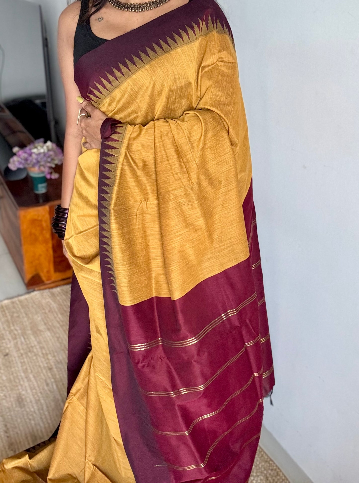 Yellow with maroon temple border, cotton silk - YCCOTNCSDE96