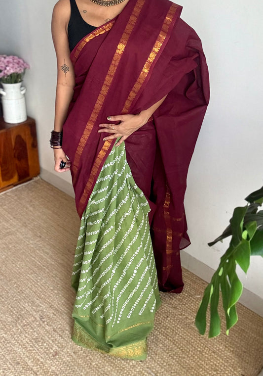 Maroon with pista green, cotton half and half saree - YCCOTNIDOC141