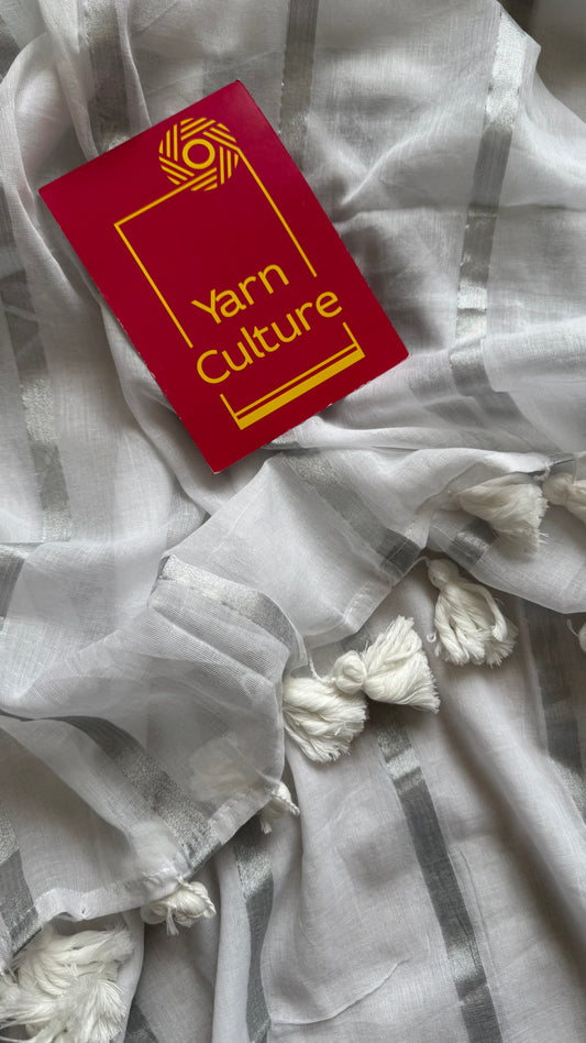 Sugar Cloud - white with silver zari stripes, mul cotton - YCBCJULMS02