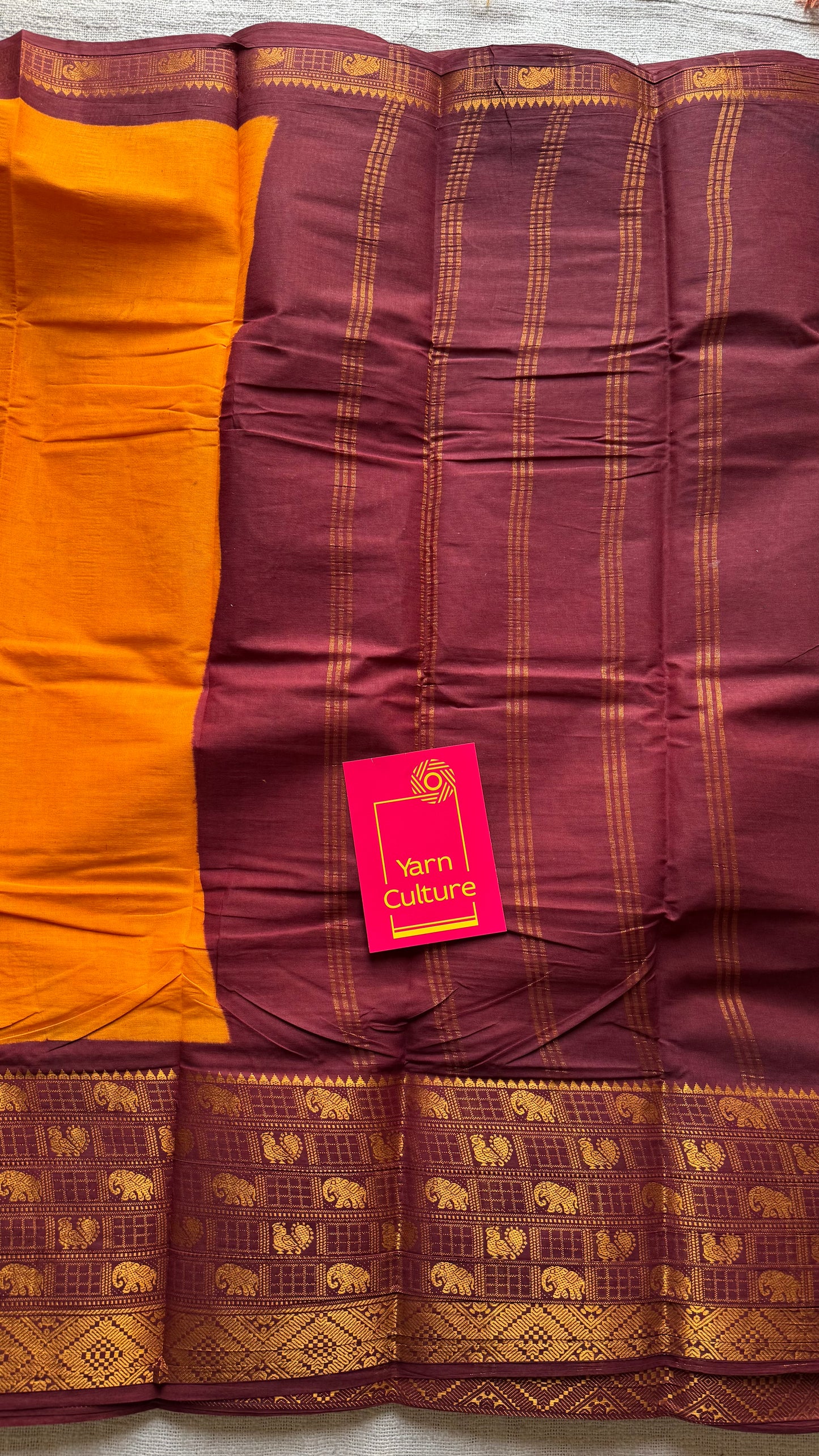 Mango yellow with maroon border, sungudi, madurai soft cotton - YCCOTNSUJA02