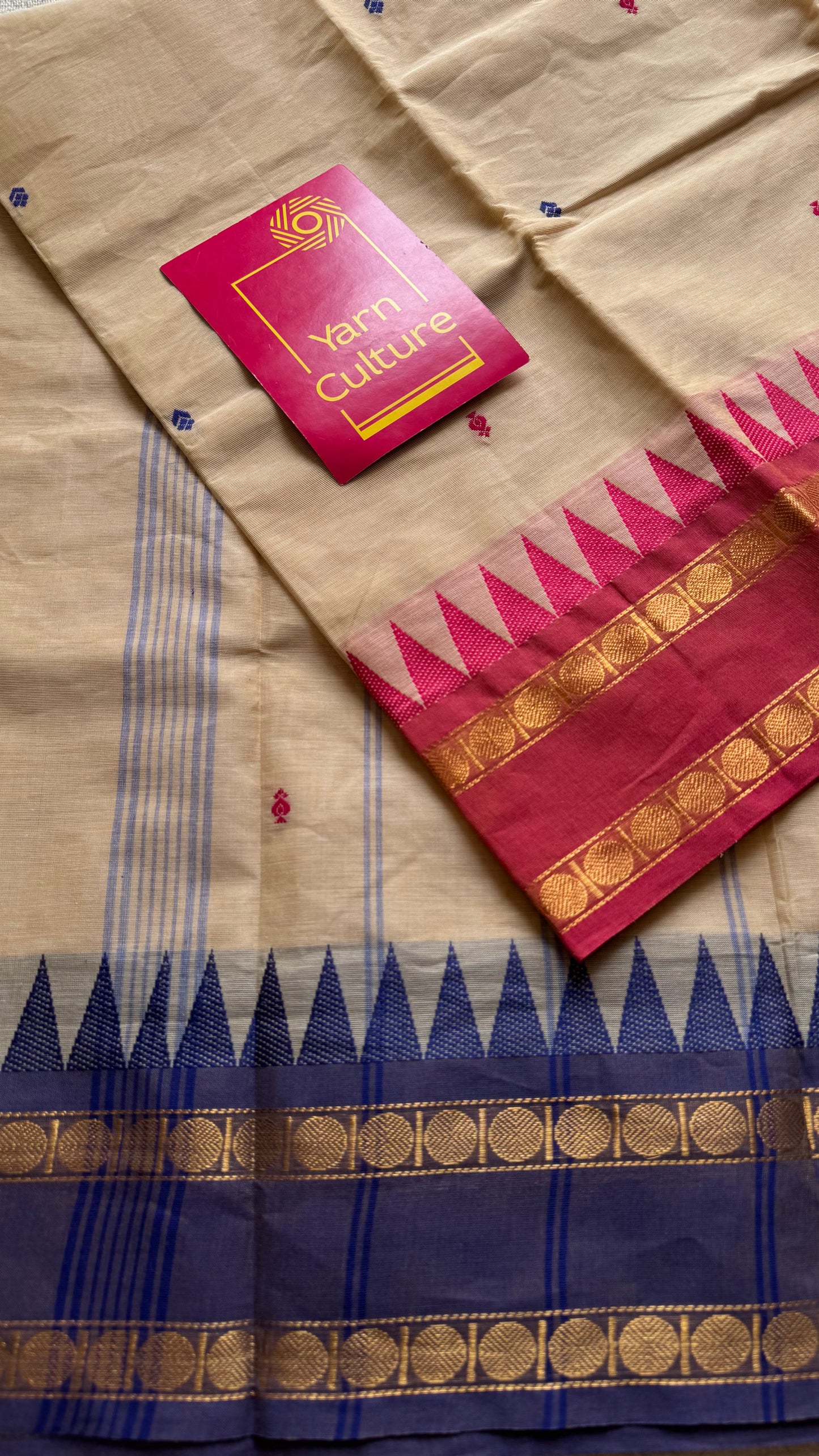 Kanchi cotton saree, cream with light red and violet dual border - YCCOTNAP99