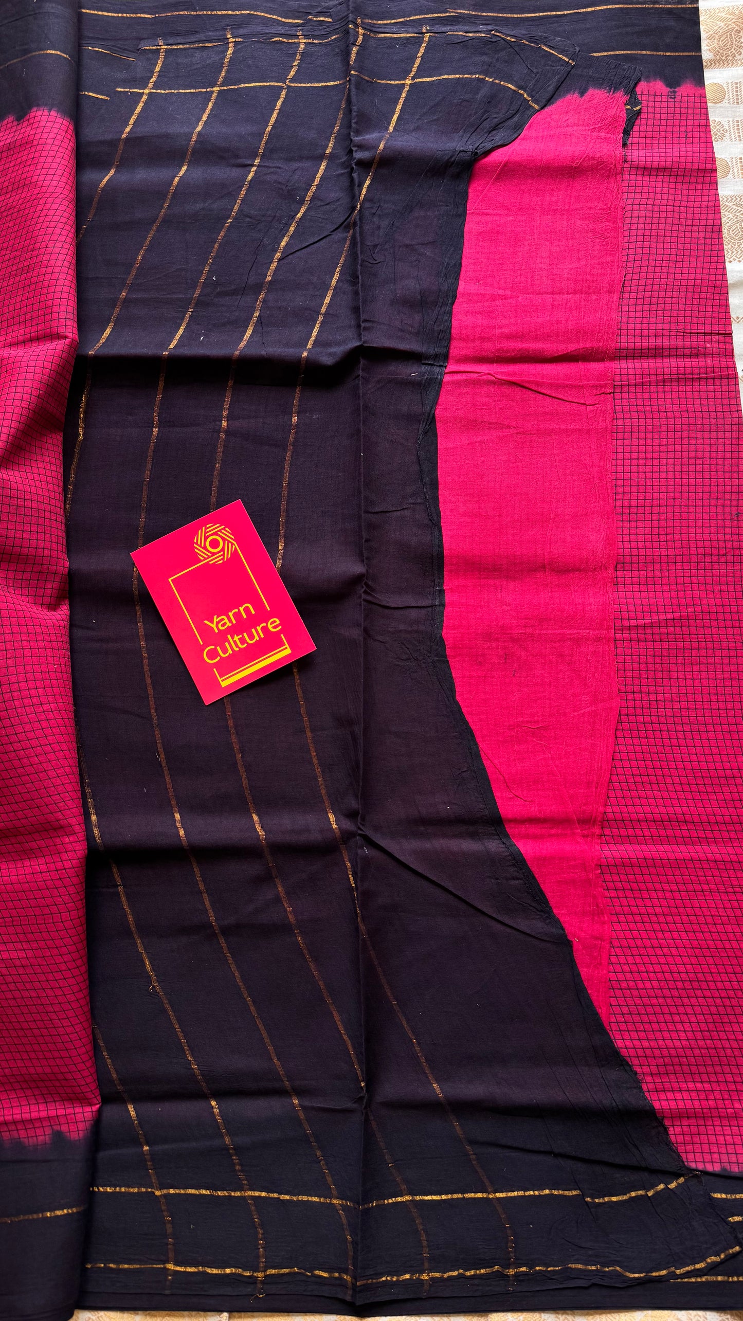 Dark pink with black contrast, checkered kattuchayam dyed madurai cotton saree - YCCOTNMA234
