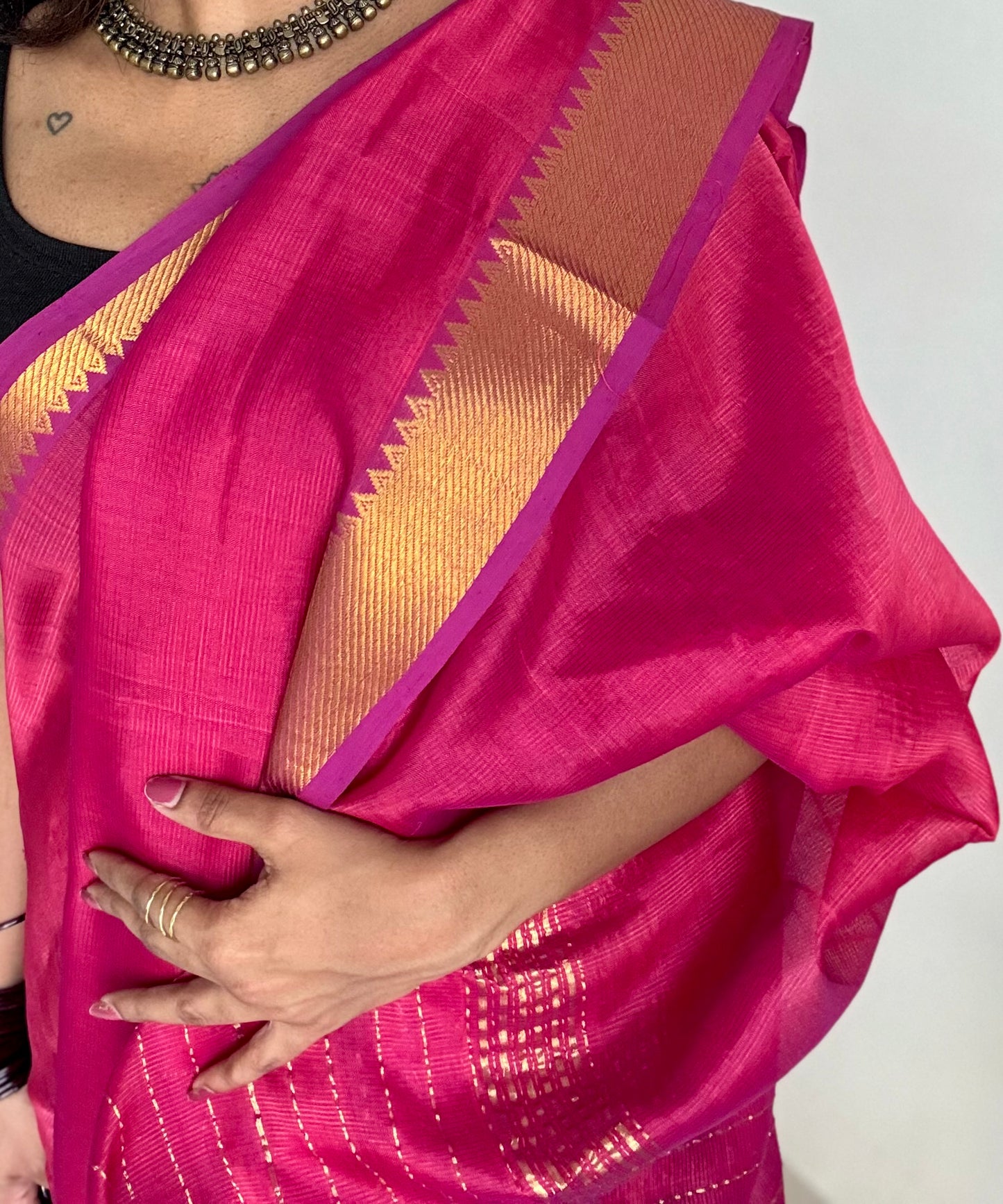 Plain hot pink dual tone with gold zari border, mangalgiri silk cotton, handwoven, soft, light weight - YCWOTDMSAP224