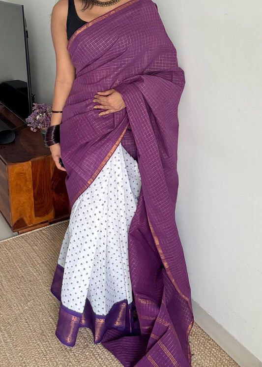 Purple with white, sungudi cotton half-half saree - YCCOTNMSFE372