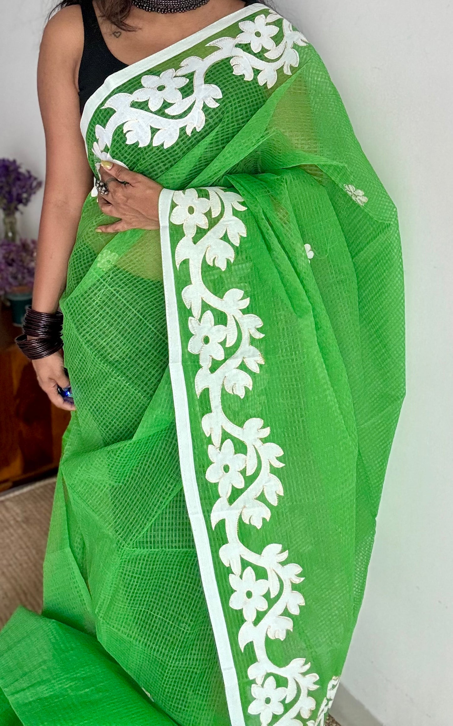 Khatta Kairi - green kota saree with white floral cut work - YCTORKDAP15