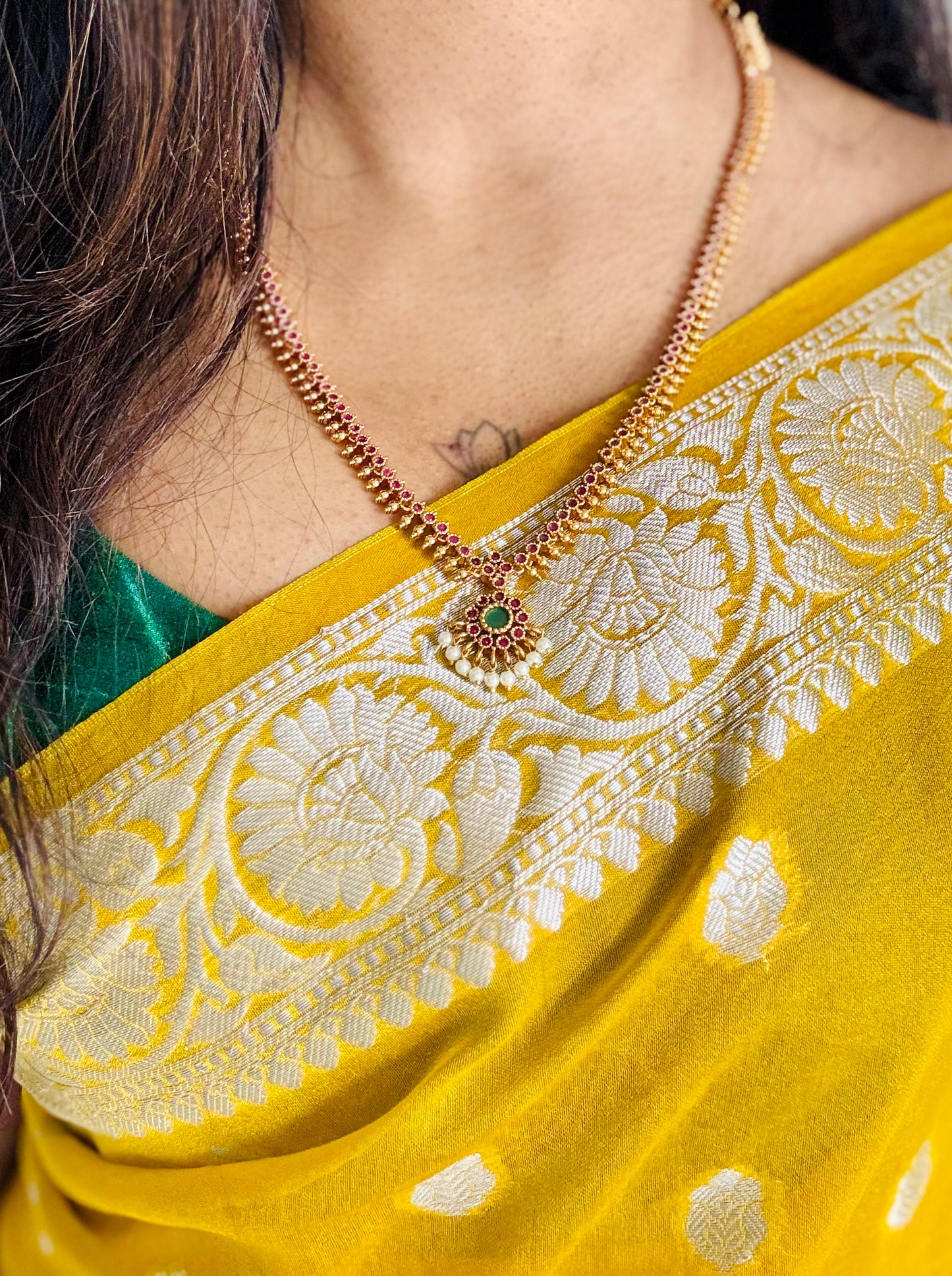 Long traditional kemp neckpiece with ruby & green stones, with earrings - YCGPNP678