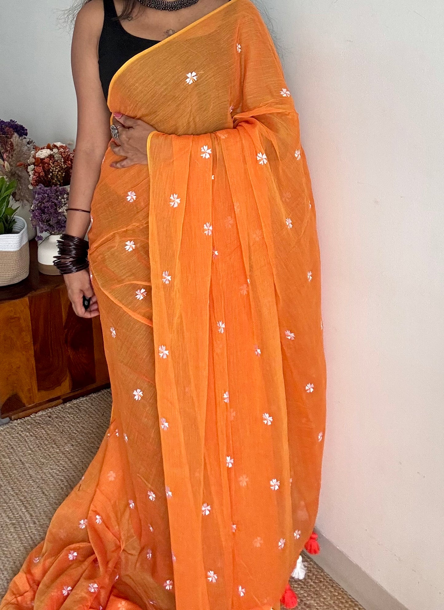 Orange parijat soft mul cotton saree  - YCBCMCAP28