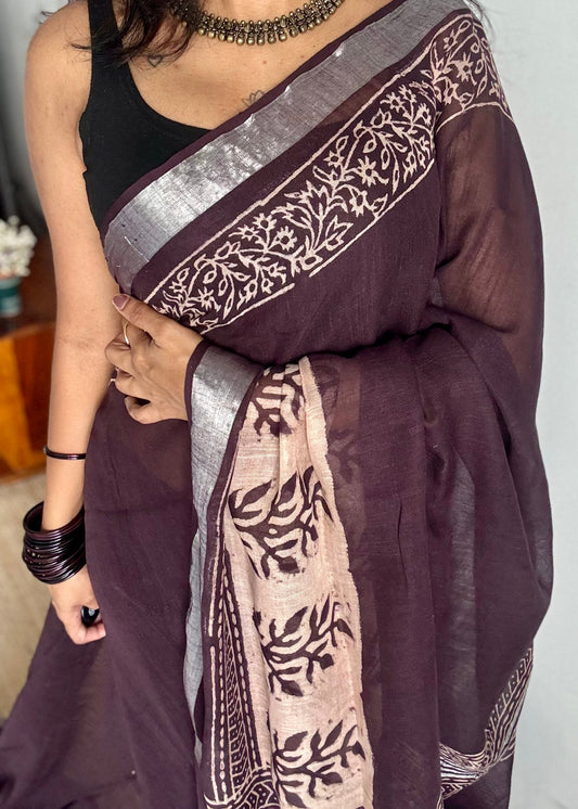 Wine and cream linen, silver zari border - YCTORNOP20